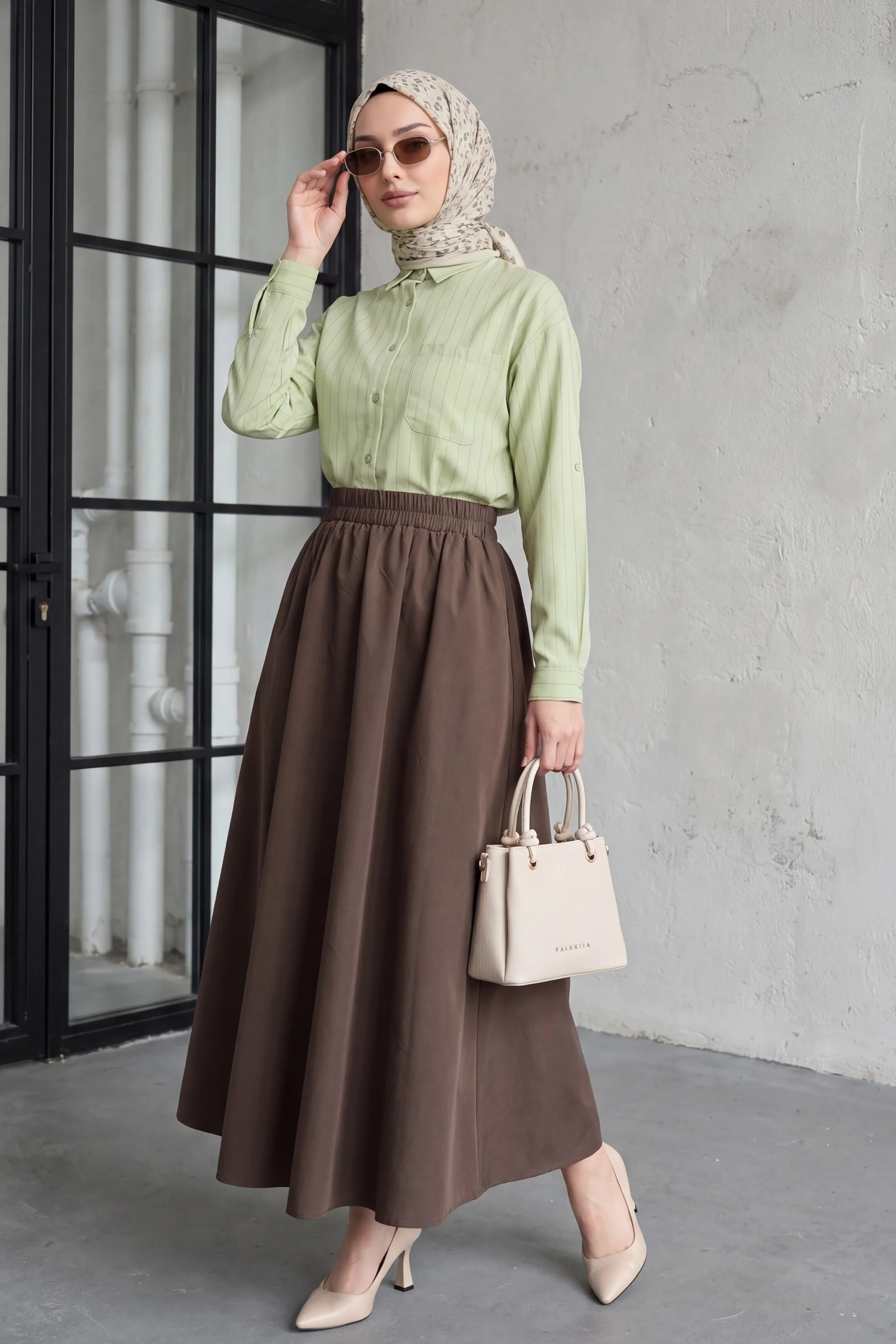 Elasticated Waist Double Pocket Poplin Skirt - Dark Brown - Podyumplus - by Peralane - photo 2