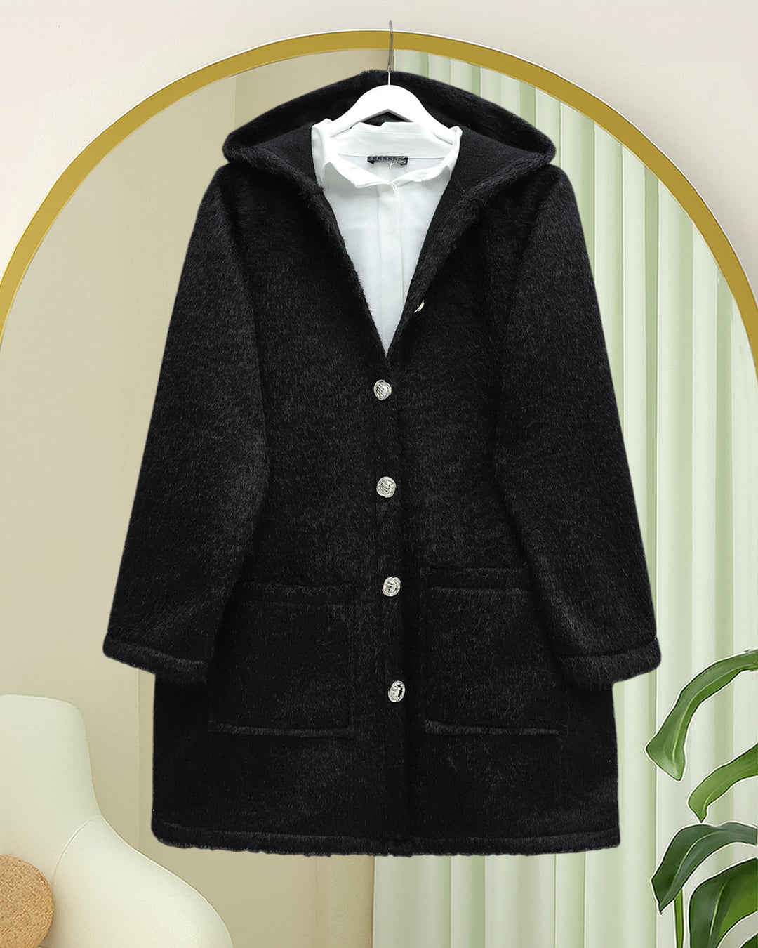 Hooded Coat with Gold Buttons and Pockets - Black - Podyumplus - by Peralane - photo 2
