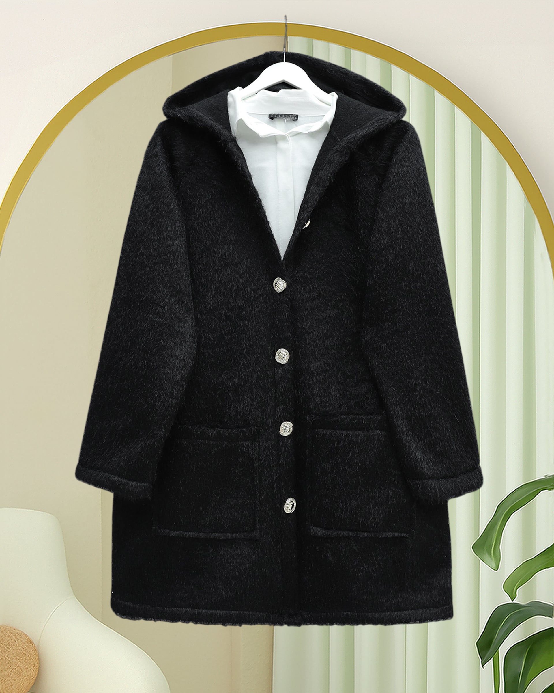 Hooded Coat with Gold Buttons and Pockets - Black - Podyumplus - by Peralane - photo 2