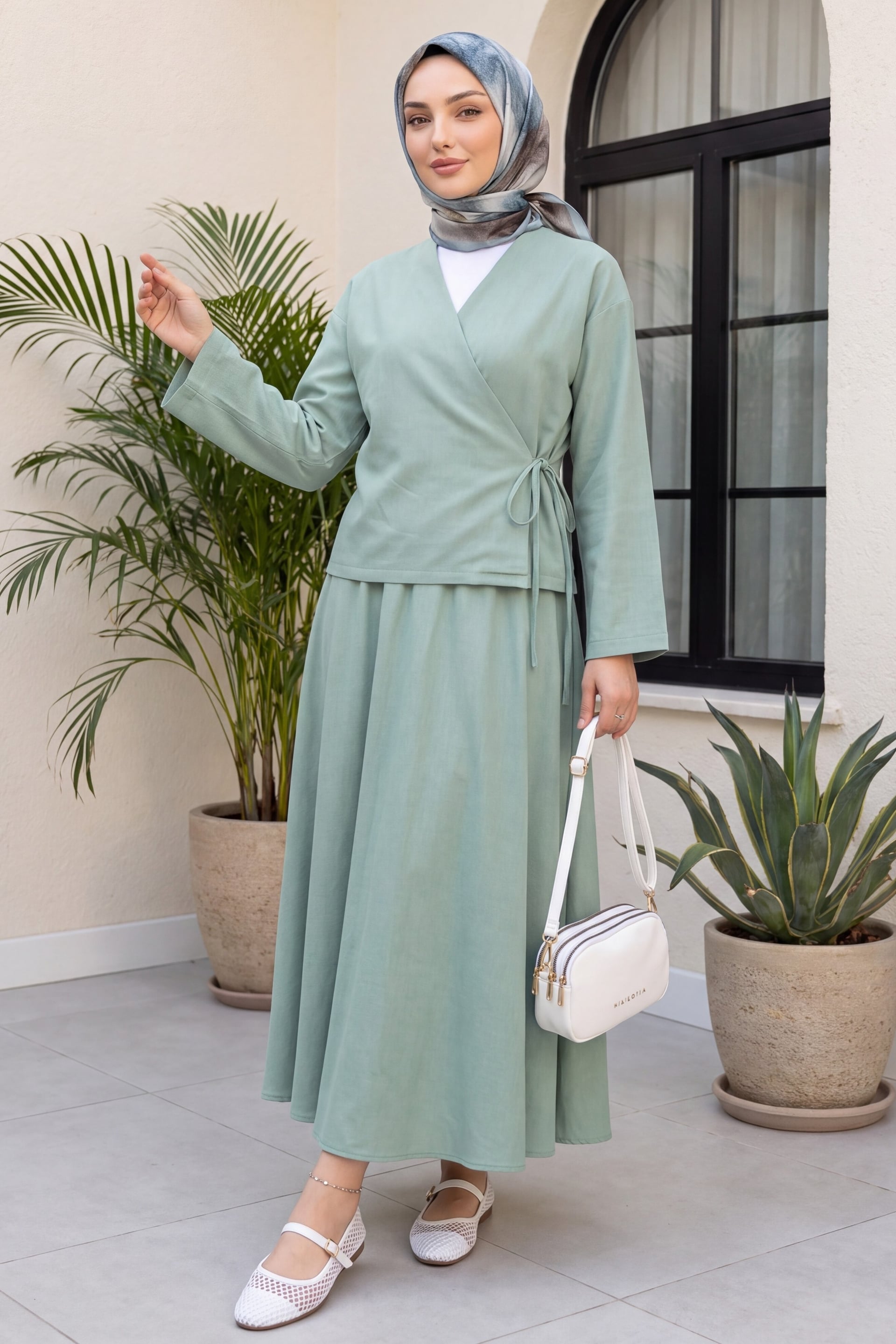 Side-Tie Skirt Set in Sea Green - Podyumplus - by Peralane
