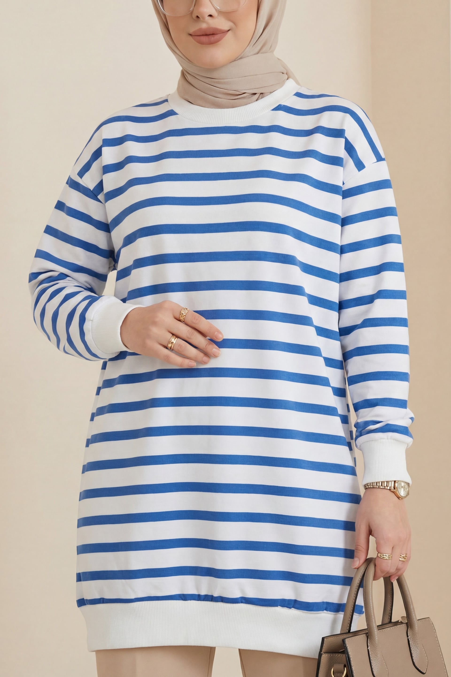 Women's Striped Crew Neck Sweatshirt - Indigo - Podyumplus - by Peralane - photo 3