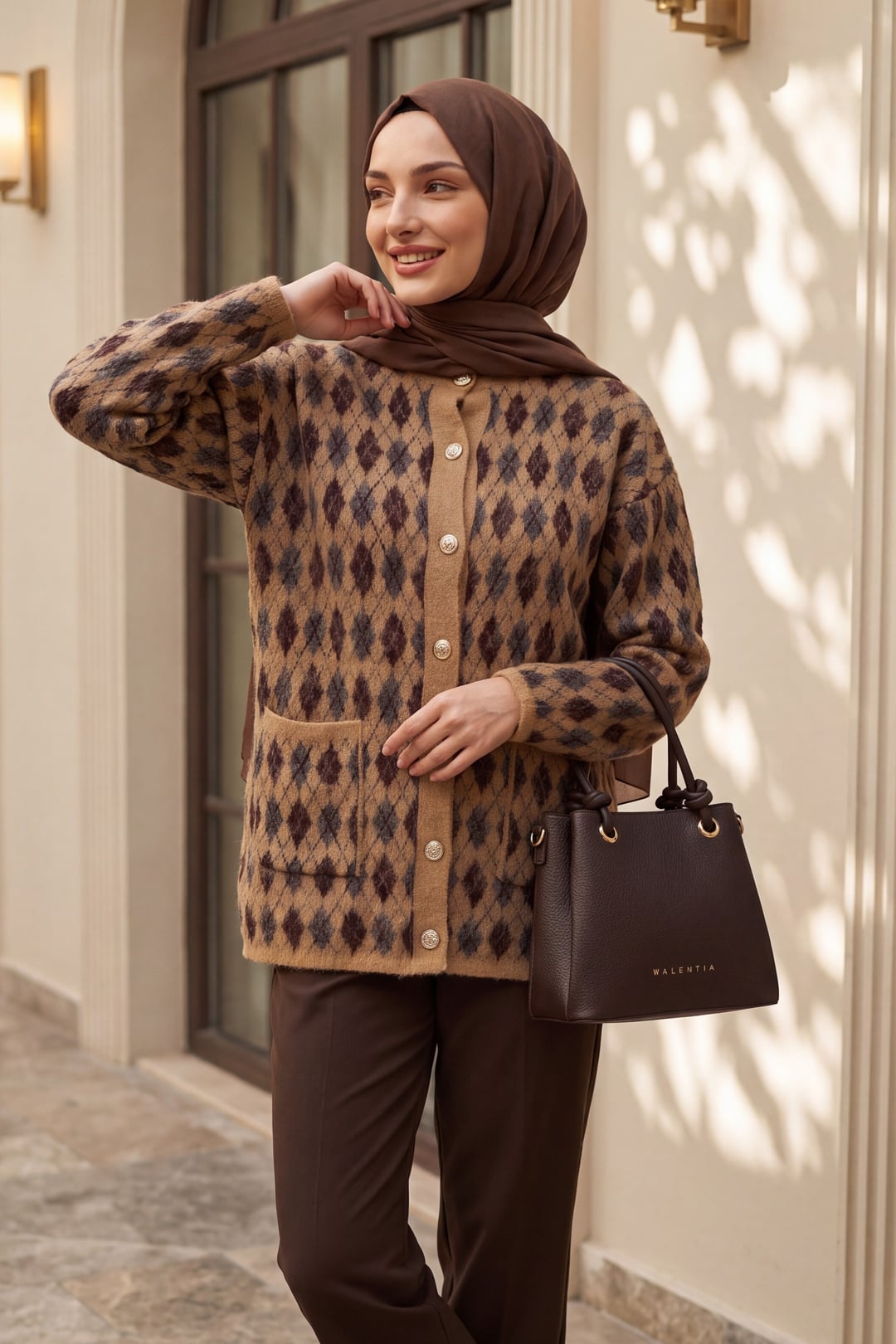 Patterned Button-Front Cardigan with Pockets - Cinnamon - Podyumplus - by Peralane
