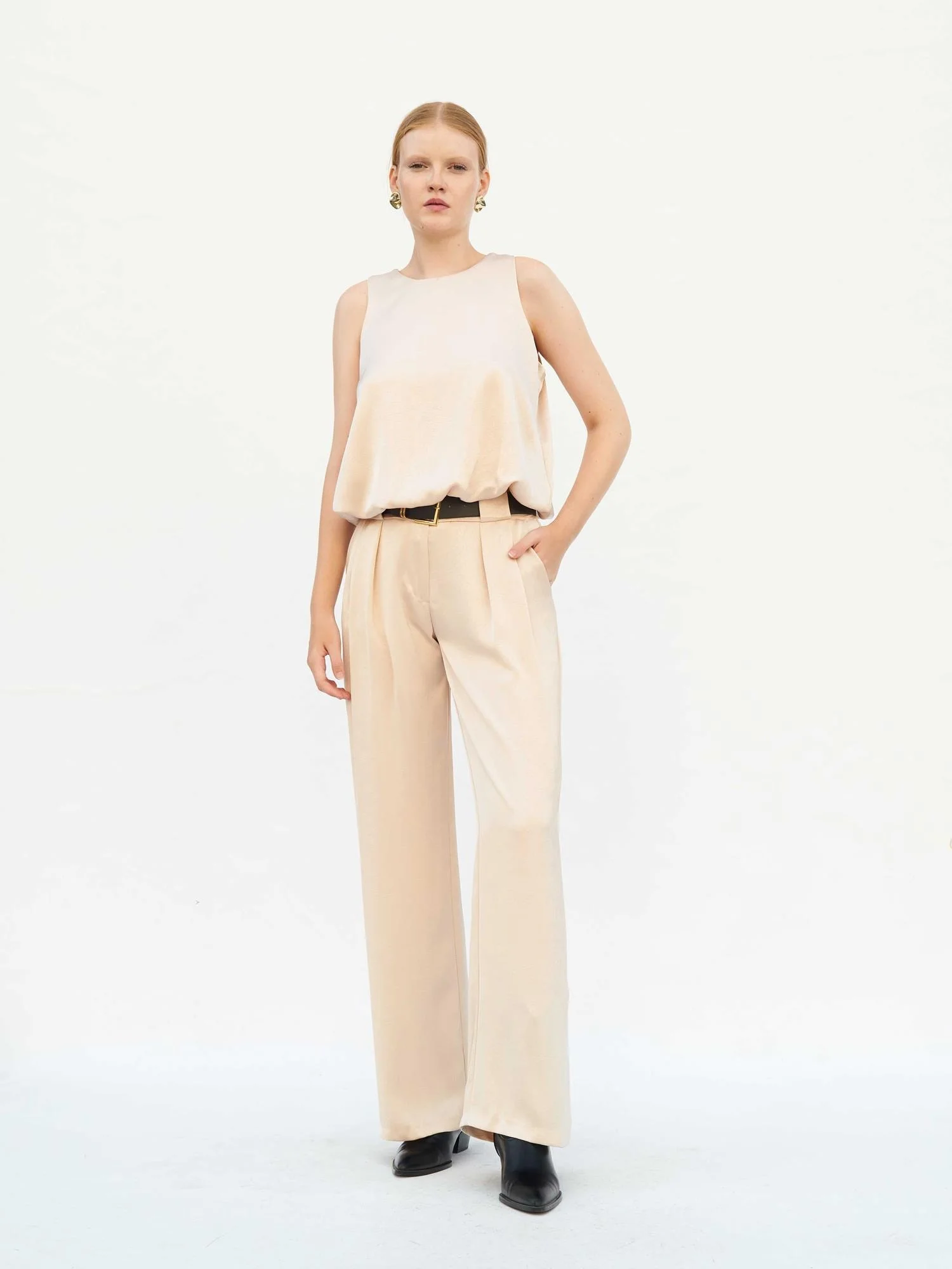 Beige Satin Wide-Leg Trousers with Belt - Lefon - by Peralane - photo 2