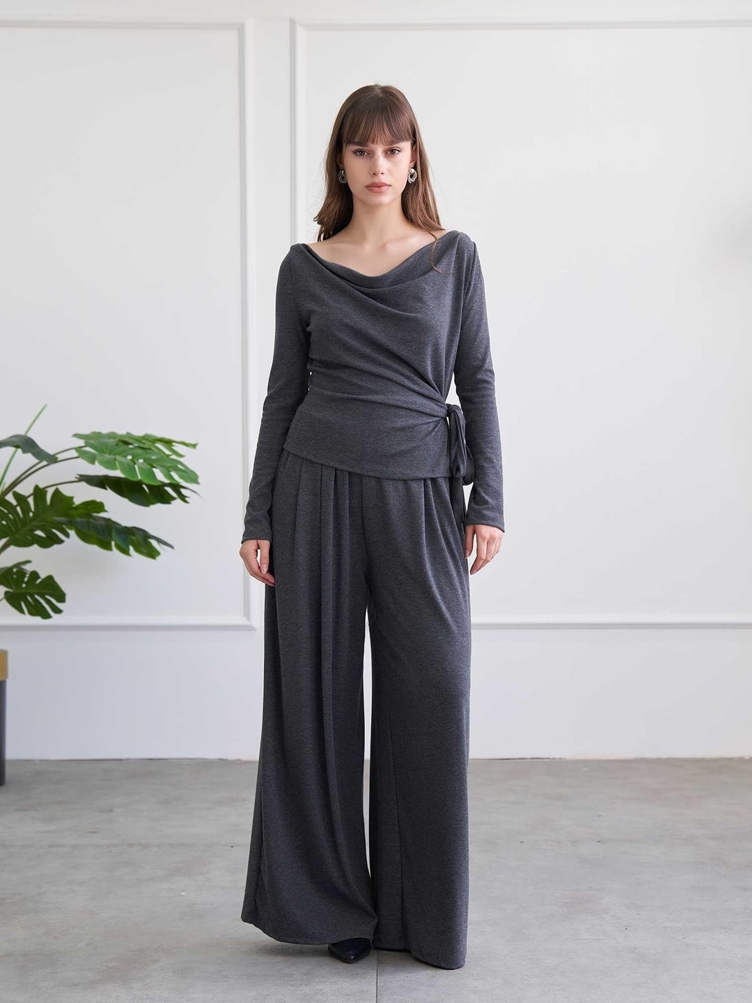Drape Detail Knit Set with Wide-Leg Trousers - Lefon - by Peralane
