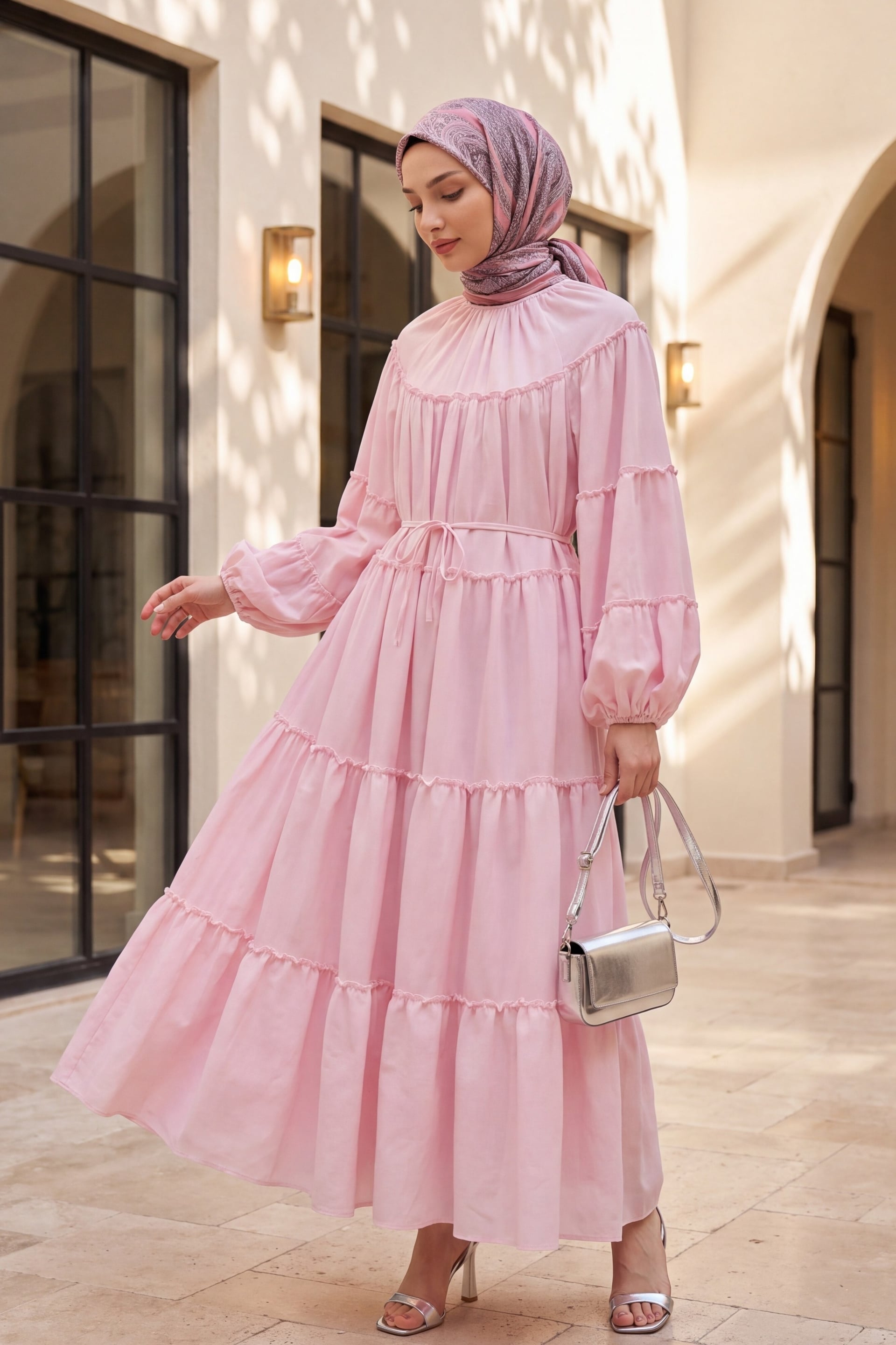 Powder Tiered Ruffle Sleeve Tie Waist Dress - Podyumplus - by Peralane - photo 2