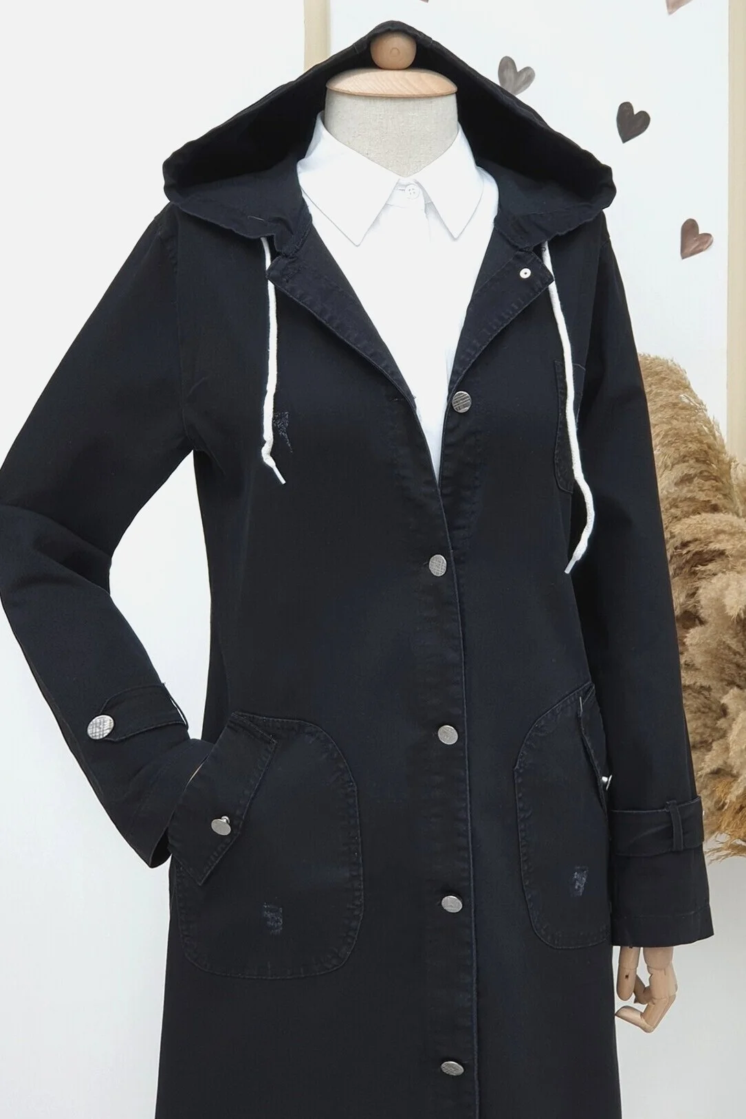 Long Hooded Denim Coat - Black - Podyumplus - by Peralane - photo 4
