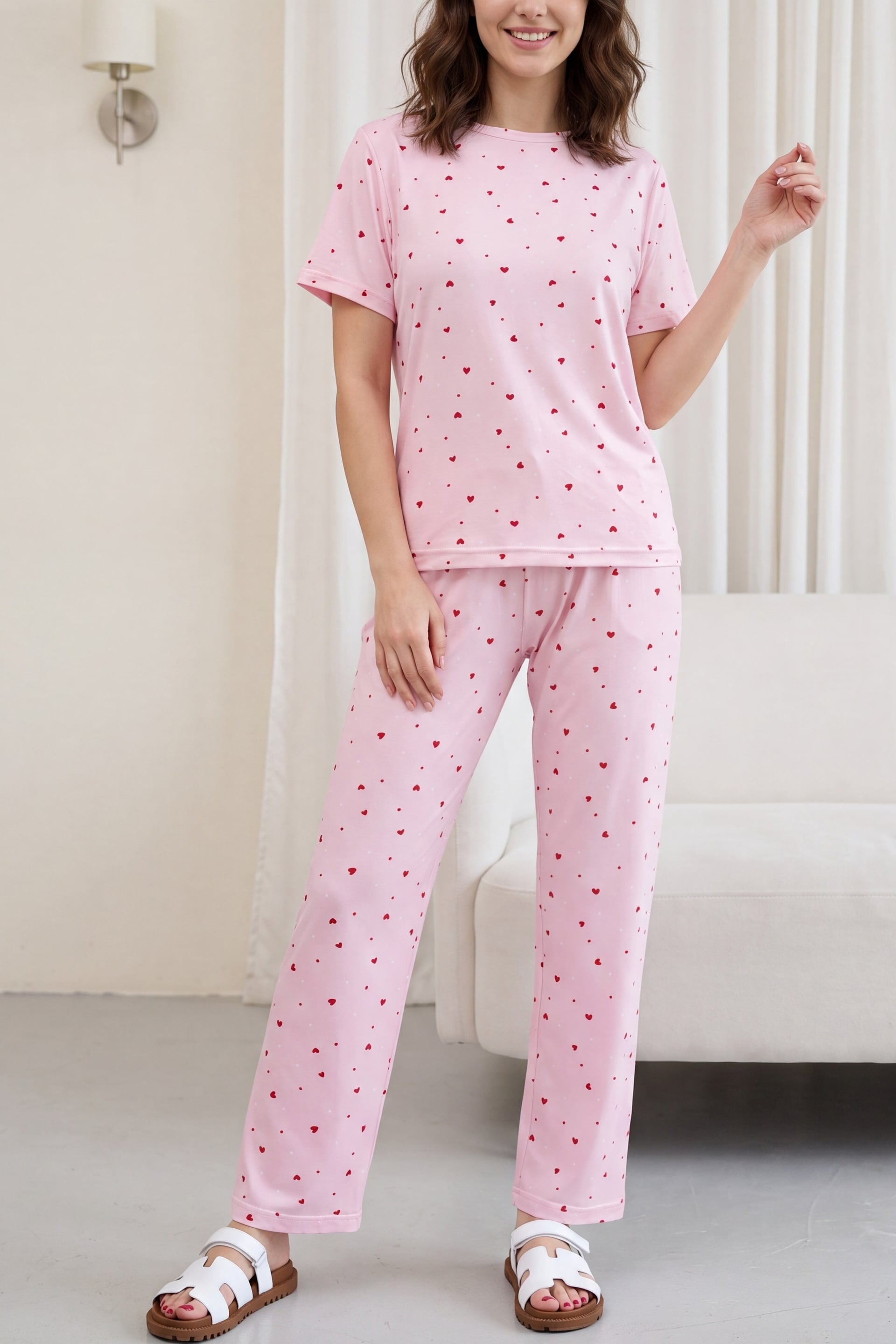 Heart Print Bicycle Neck Short Sleeve Jersey Pyjama Set - Pink - Podyumplus - by Peralane - photo 3