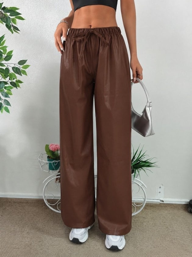 Women's High-Rise Drawstring Wide-Leg Faux Leather Trousers - Janes - by Peralane