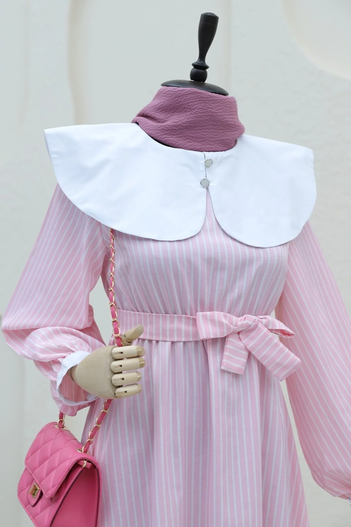 Pink Striped Peter Pan Collar Long Dress with Belt - Podyumplus - by Peralane - photo 4