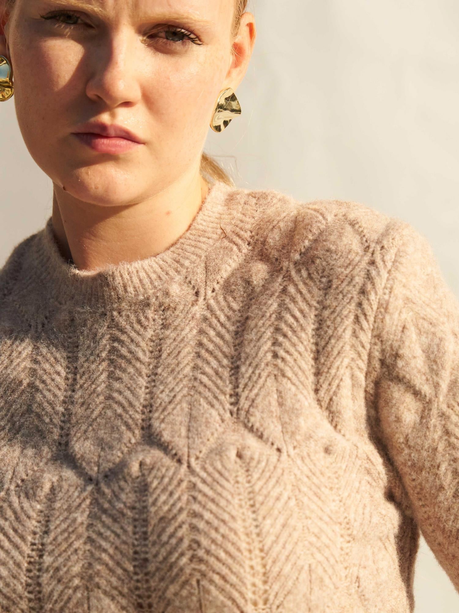 Crew Neck Short Sleeve Openwork Knit Sweater - Beige - Lefon - by Peralane - photo 9
