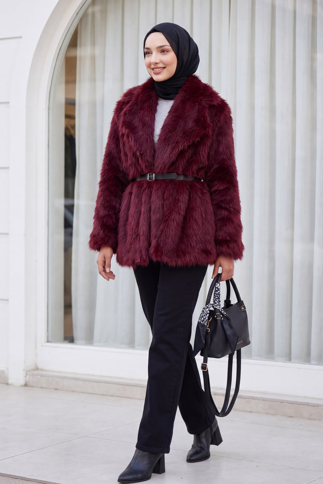 Women's Oversized Faux Fur Coat with Belt - Bordeaux - Bigdart - by Peralane - photo 4