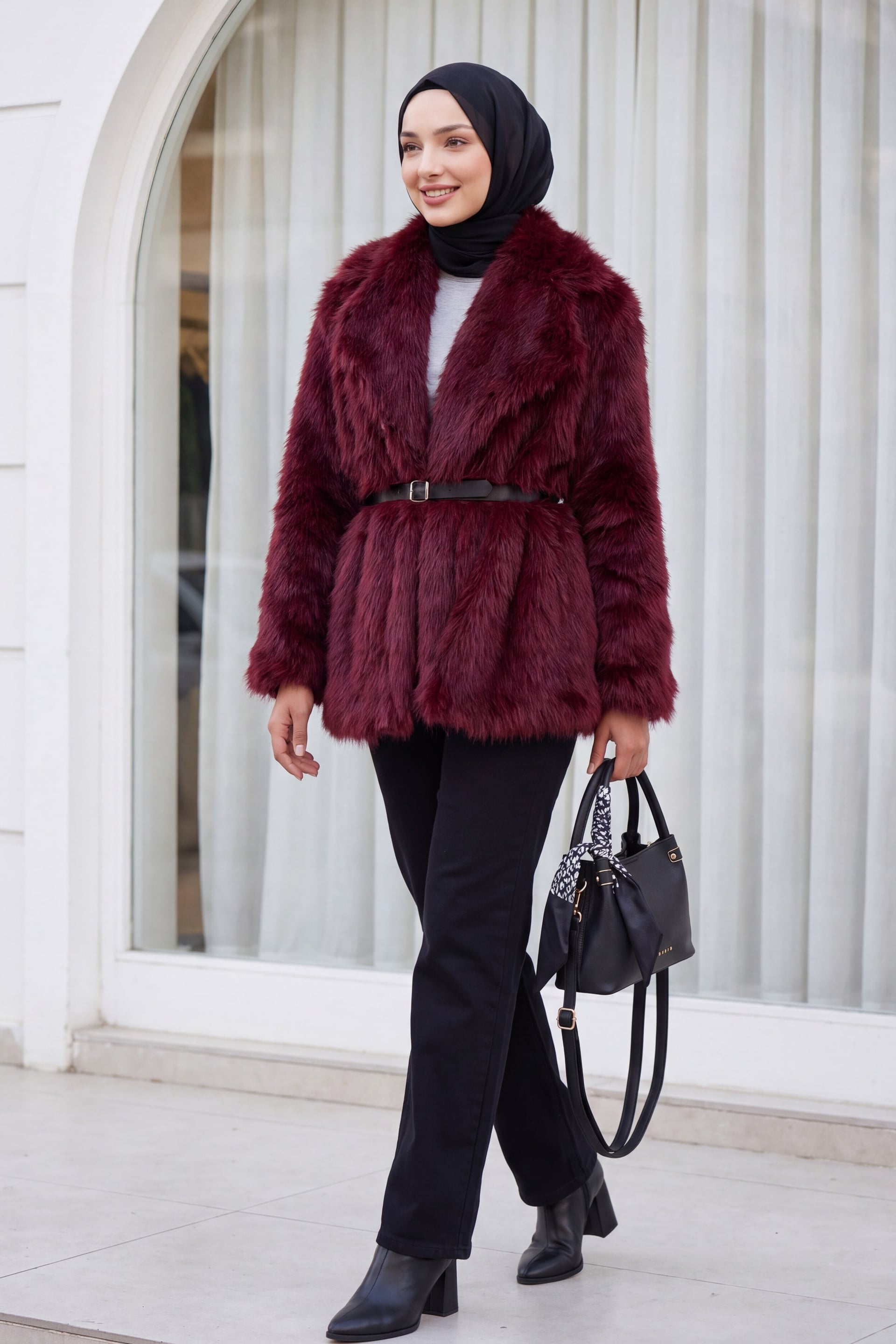 Women's Oversized Faux Fur Coat with Belt - Bordeaux - Bigdart - by Peralane - photo 4