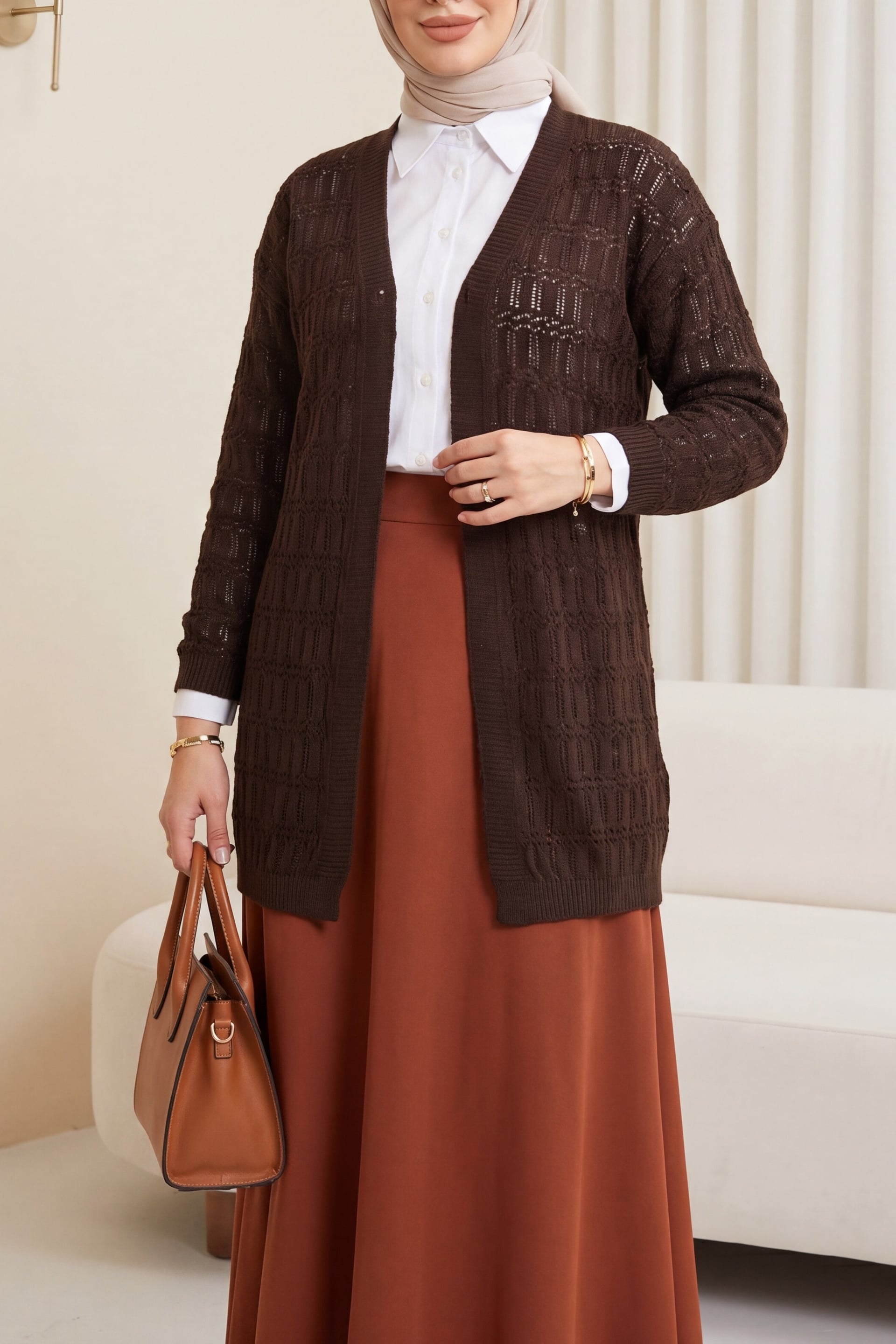 Open-Front Textured Knit Cardigan - Dark Brown - Podyumplus - by Peralane