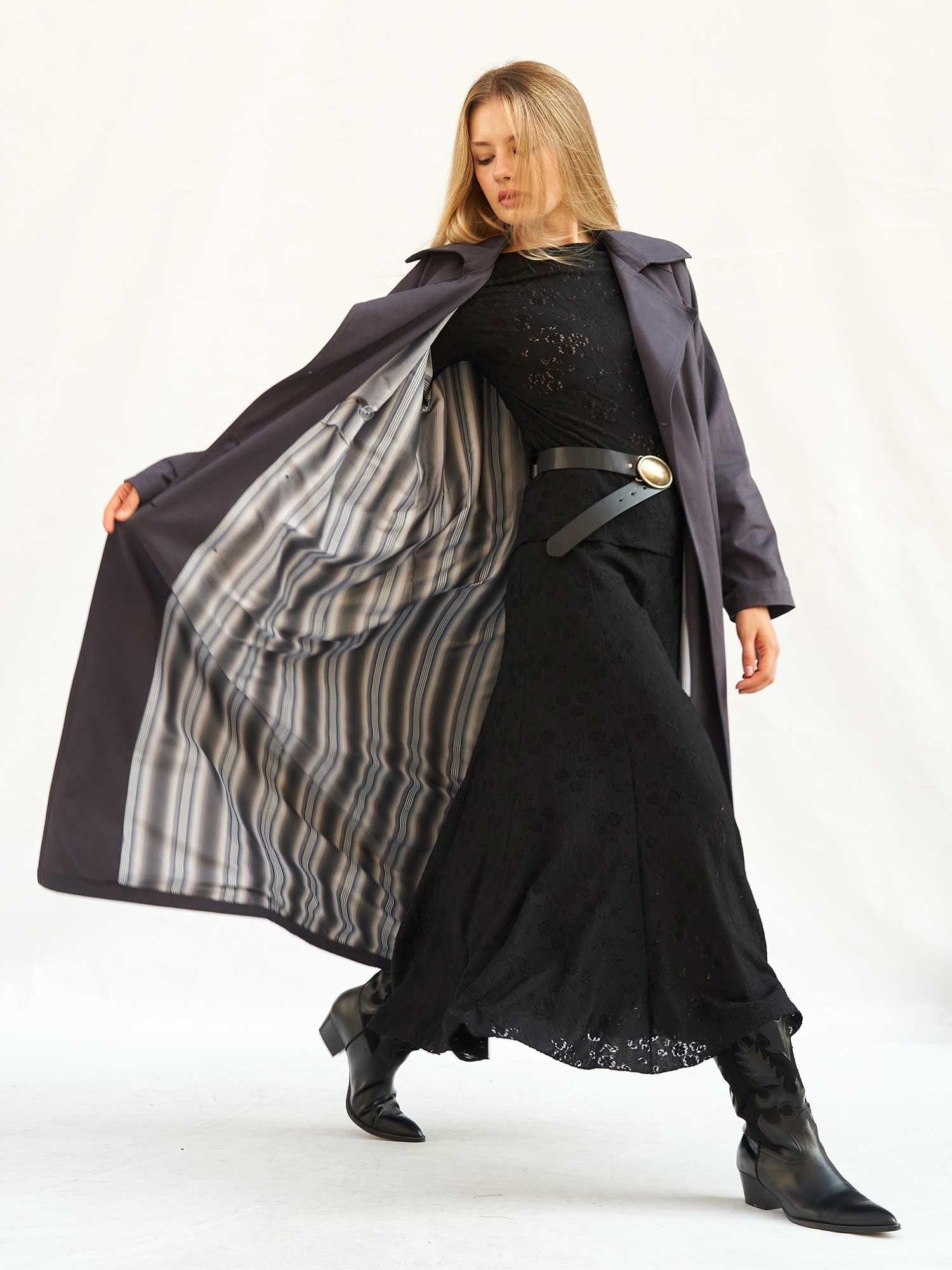 Belted Double-Breasted Long Trench Coat in Dark Grey - Lefon - by Peralane - photo 4