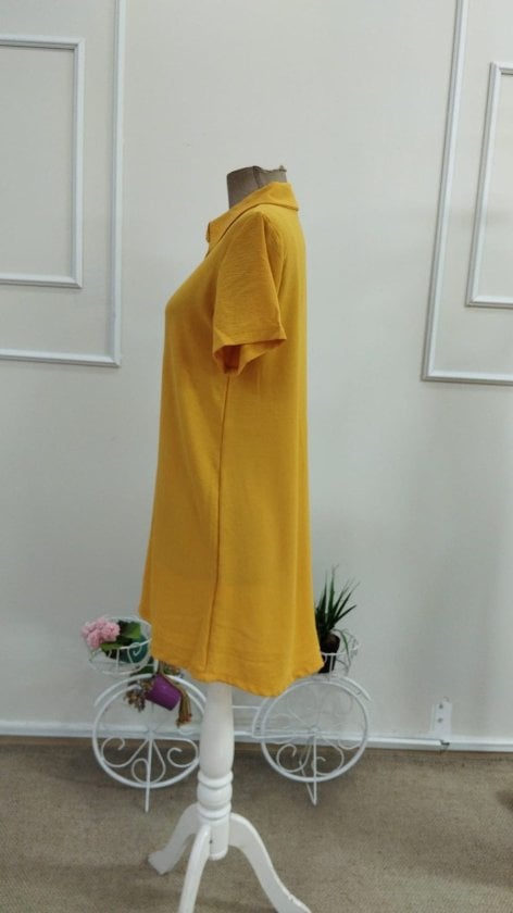 Women's Short Sleeve Collared Button-Front Dress with Textured Linen Blend, Bright Yellow - Janes - by Peralane - photo 5