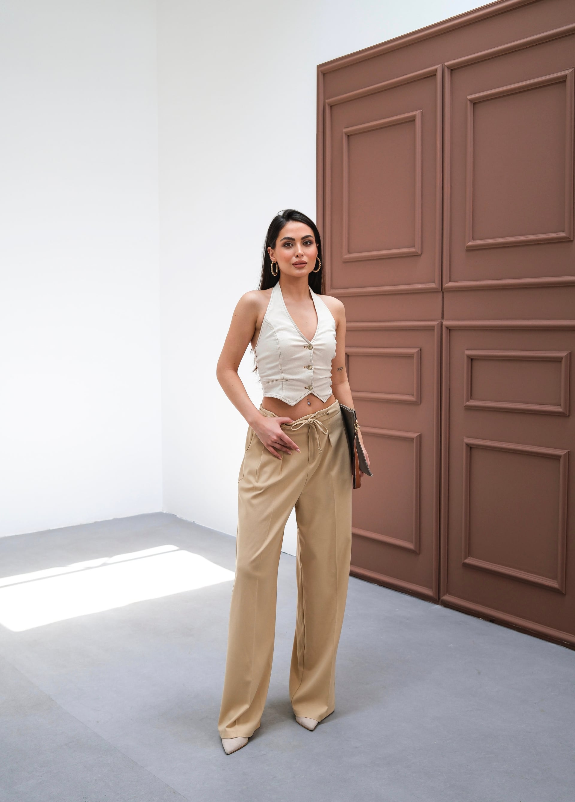 Women's Two-Piece Halter Vest and Wide-Leg Trousers Set in Beige - Ouz Fashion - by Peralane