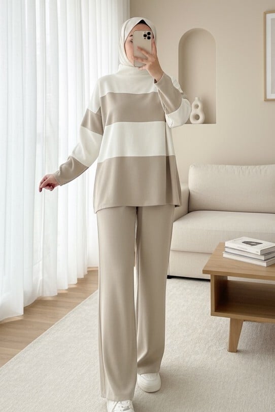 Half-Collar Striped Knit Set - Stone - Podyumplus - by Peralane
