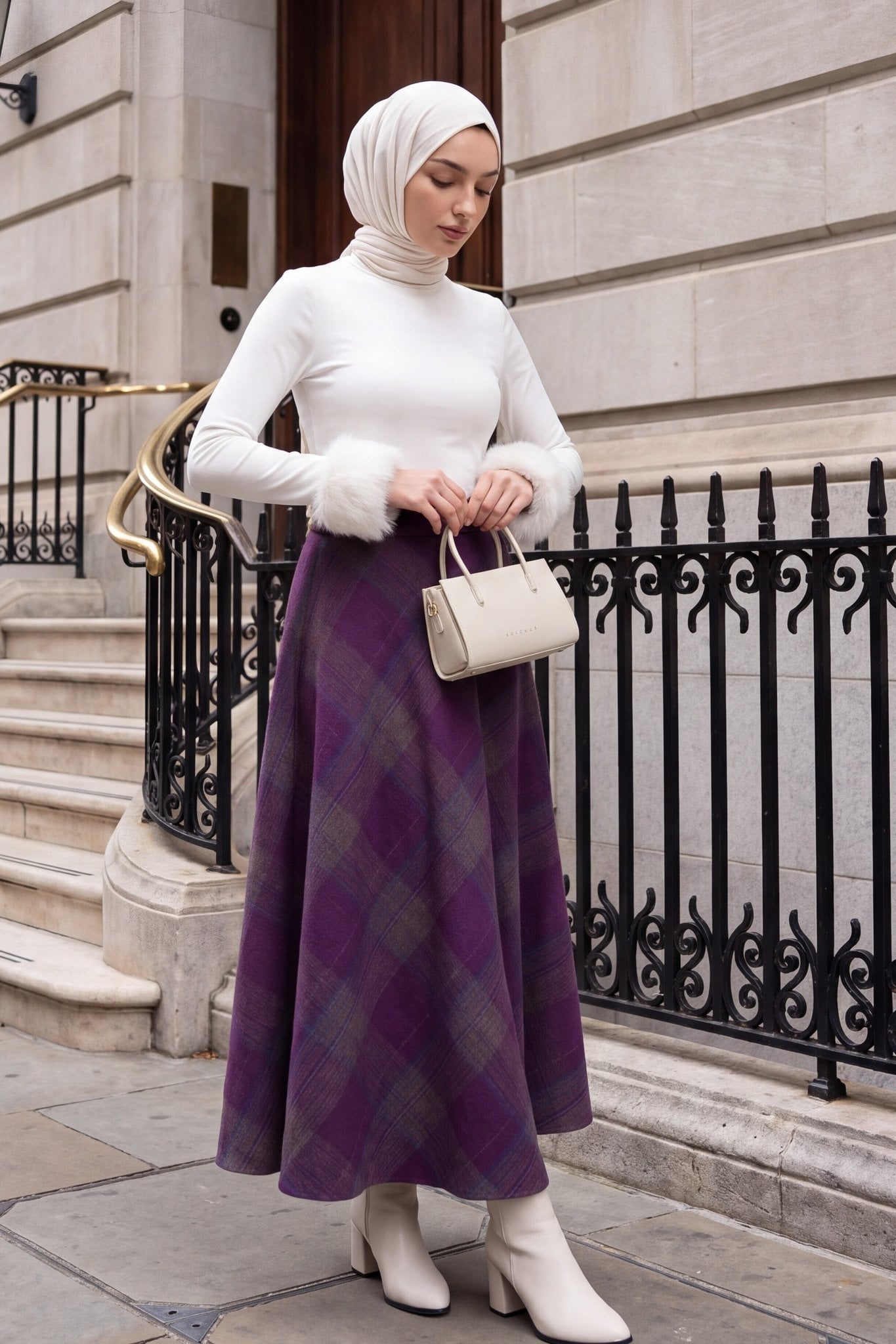 Plaid Patterned Side Zipper Flared Winter Skirt - Dark Plum - Podyumplus - by Peralane - photo 5