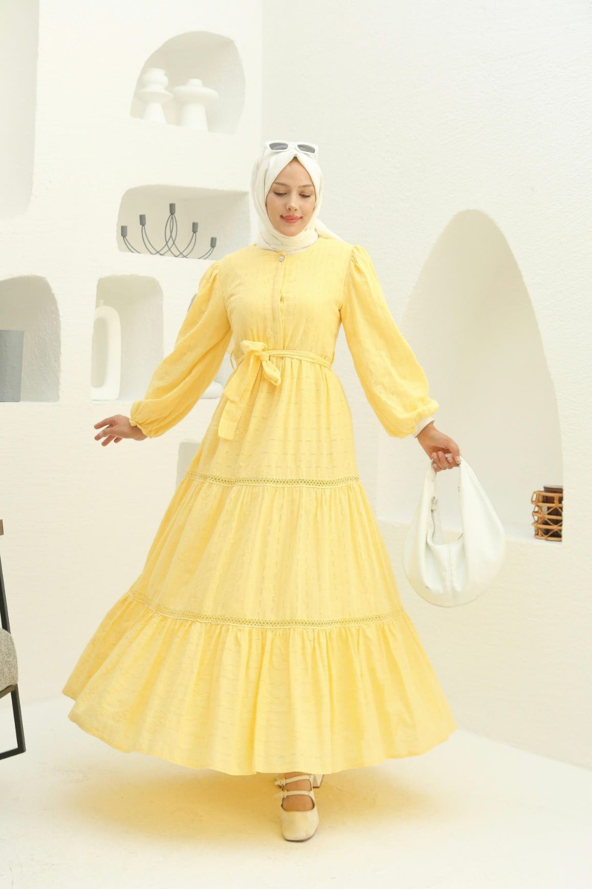 Women's Yellow Tiered Maxi Dress with Lace Trim and Belt - Afra Li̇ne - by Peralane
