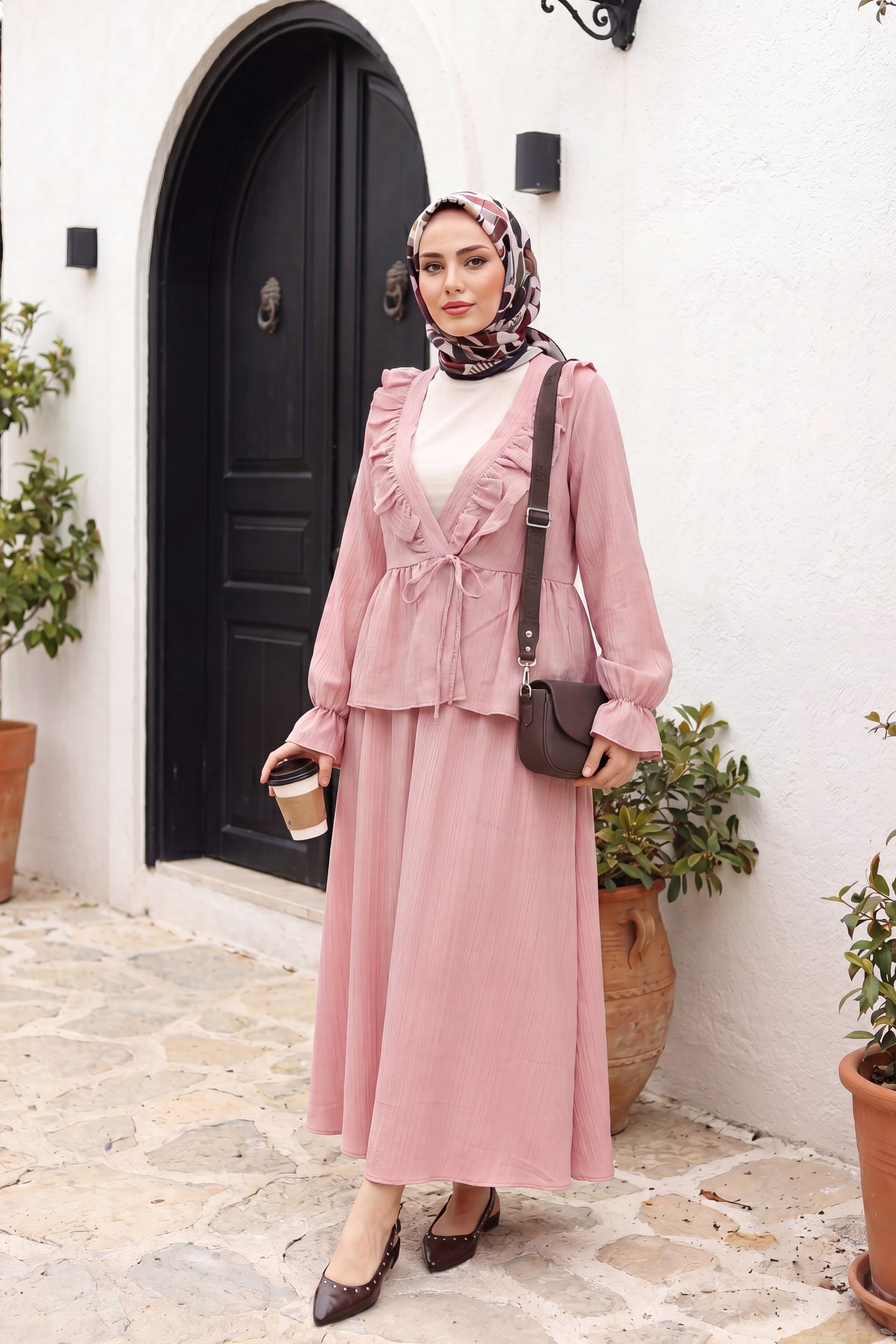 Ruffled V-Neck Tie-Front Kimono Set with Maxi Skirt - Dusty Rose Pink - Podyumplus - by Peralane