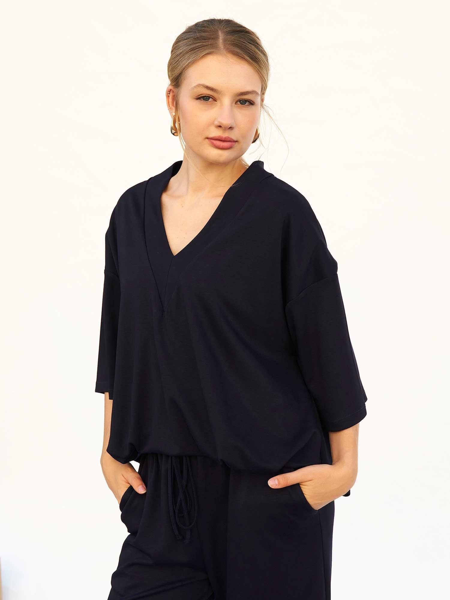 Navy Blue V-Neck Knit Blouse and Drawstring Trousers Loungewear Set - Lefon - by Peralane - photo 7