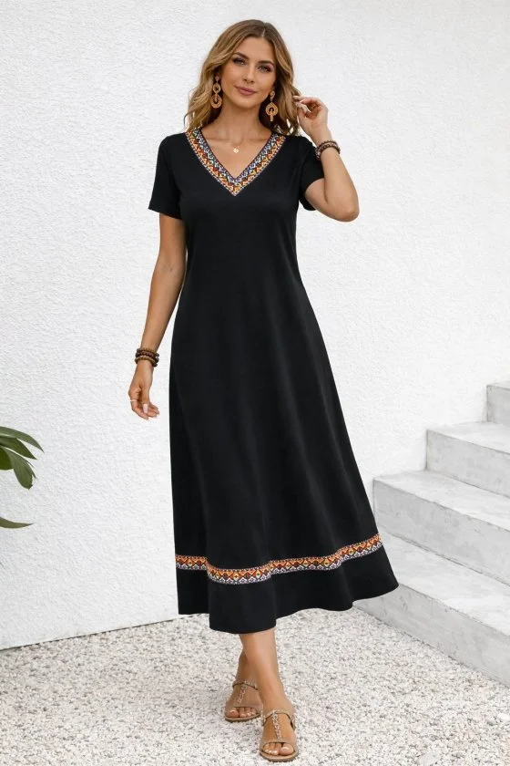 Women's Short Sleeve V-Neck Ethnic Stripe Detail Maxi Viscose Dress - Janes - by Peralane - photo 2