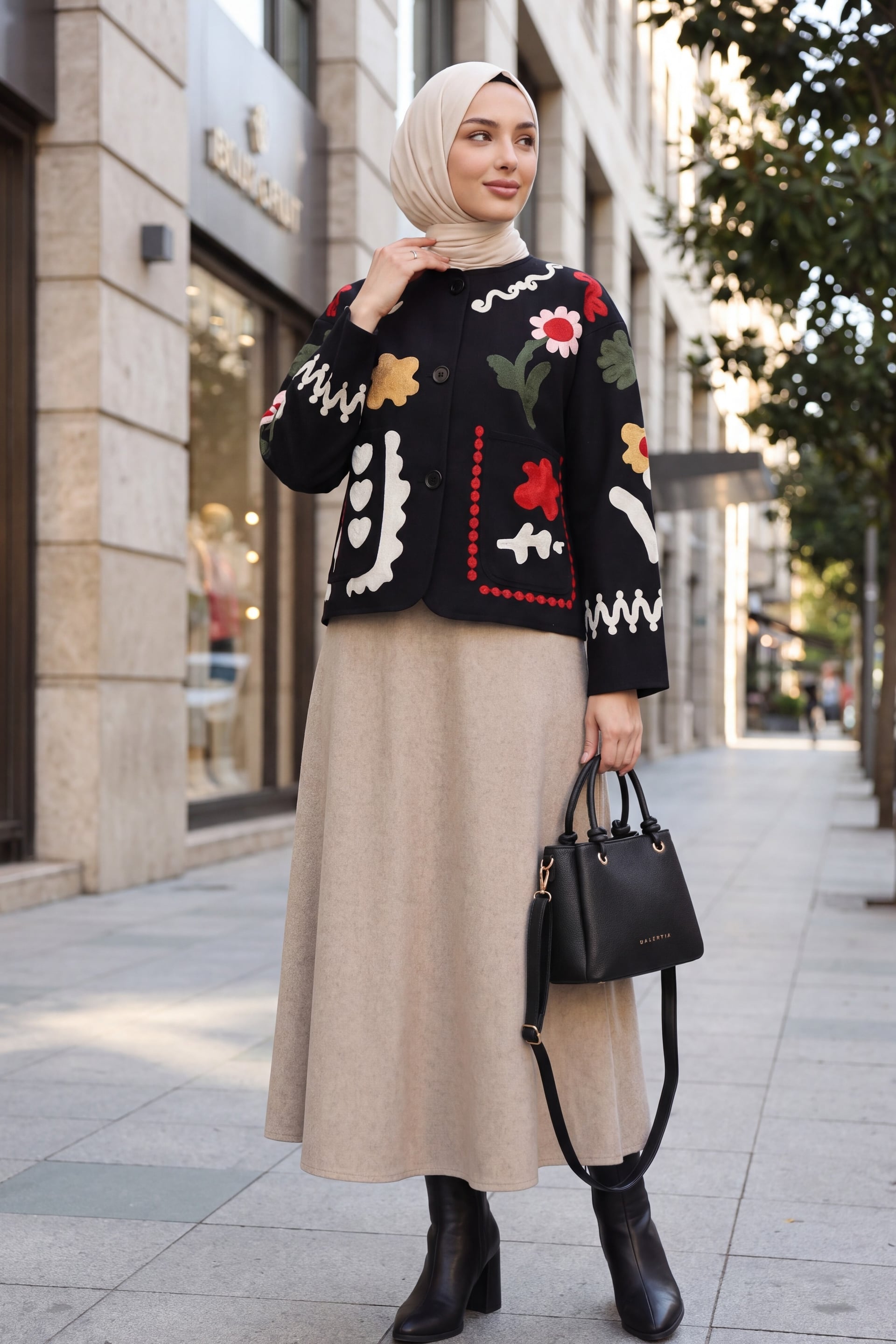 Women's Black Gabardine Jacket with Embroidered Floral Appliqué and Front Button Closure - Podyumplus - by Peralane - photo 4