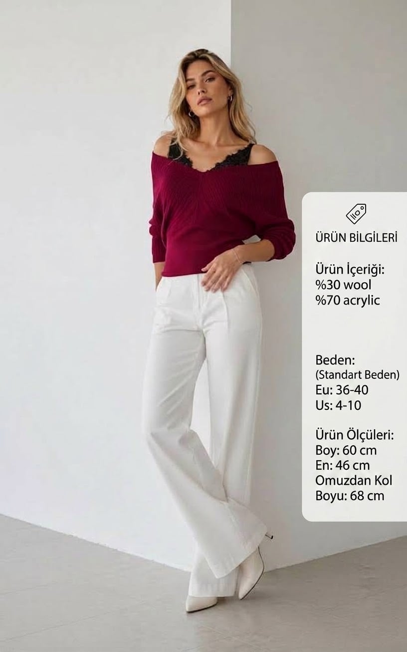 Off-Shoulder Ribbed Knit Sweater with Lace Trim - My Bee - by Peralane - photo 2