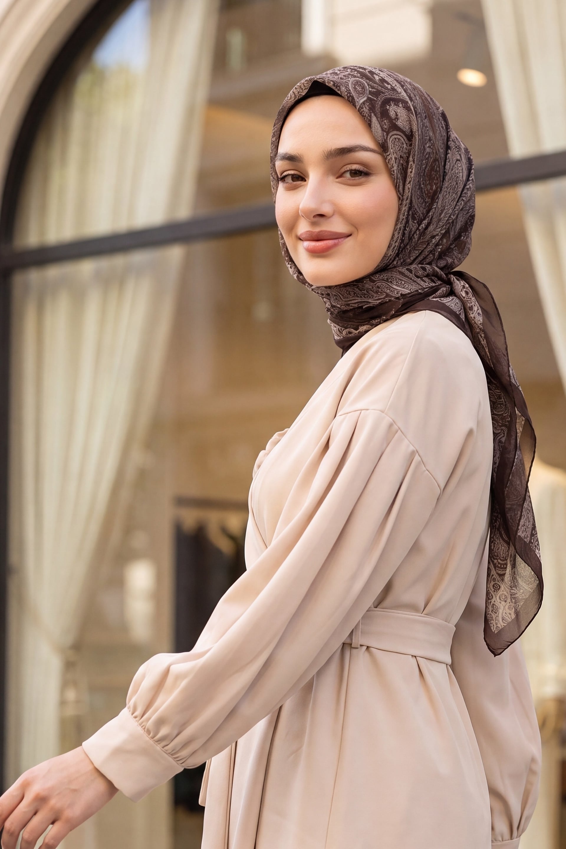 V-Neck Rose Brooch Belted Balloon Sleeve Pleated Waist Elastic Trousers Co-ord Set - Beige - Podyumplus - by Peralane - photo 5