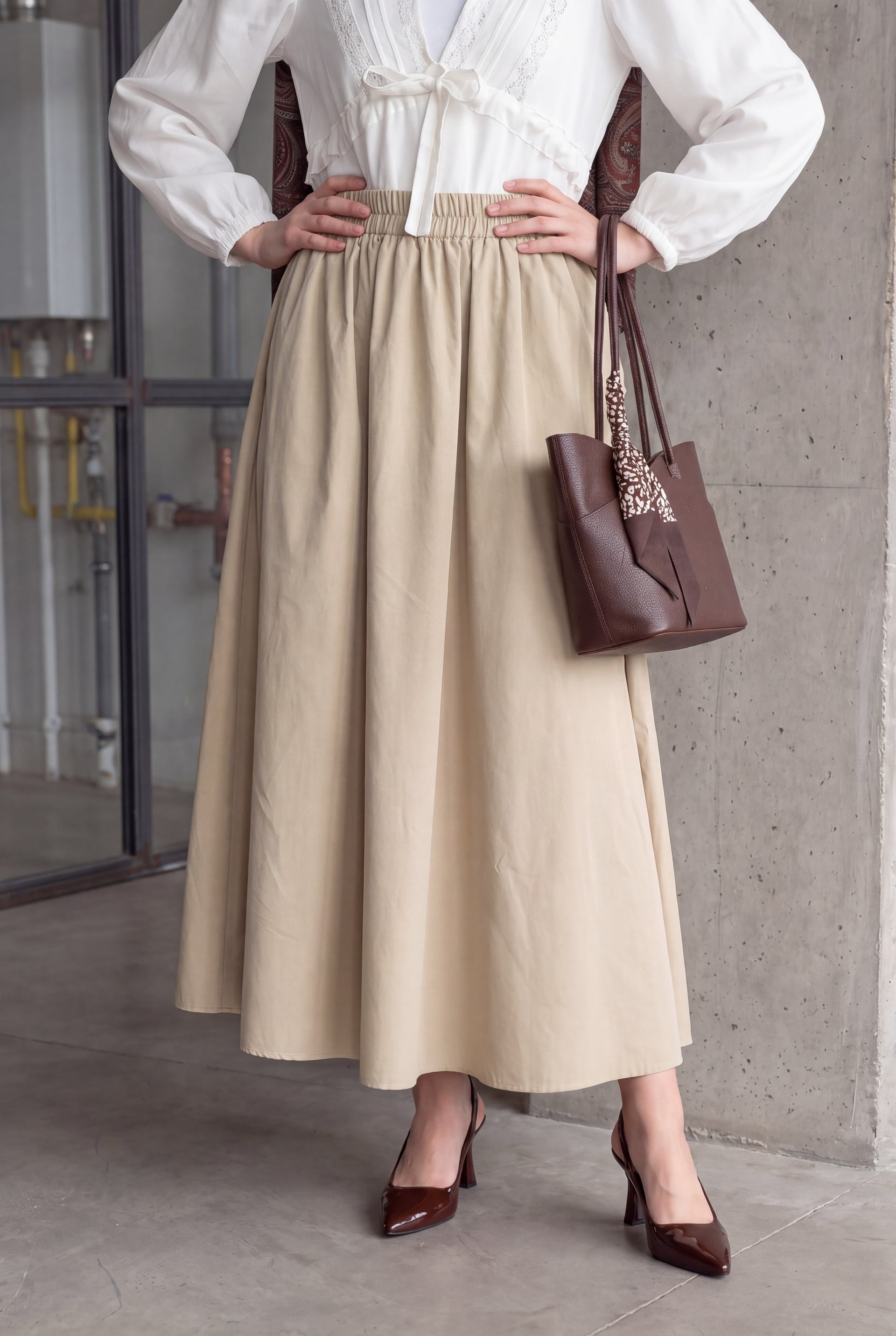 Elasticated Waist Double Pocket Poplin Skirt - Beige - Podyumplus - by Peralane - photo 2