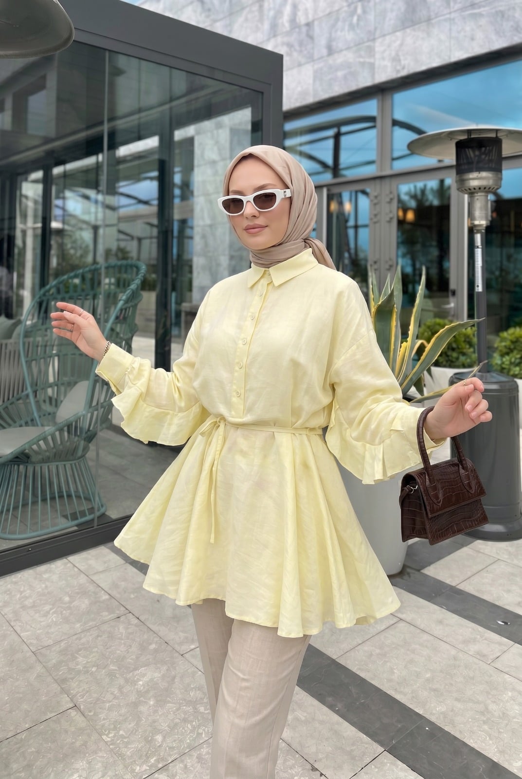 Buttoned Belted Batwing Sleeve Ruffle Oversize Modal Tunic - Yellow - Podyumplus - by Peralane - photo 6