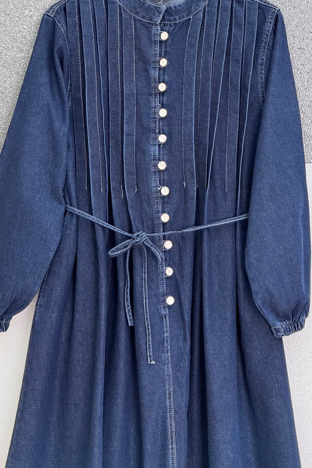 Half-Back Button Denim Dress with Tie Belt and Elastic Cuffs - Navy - Podyumplus - by Peralane - photo 6