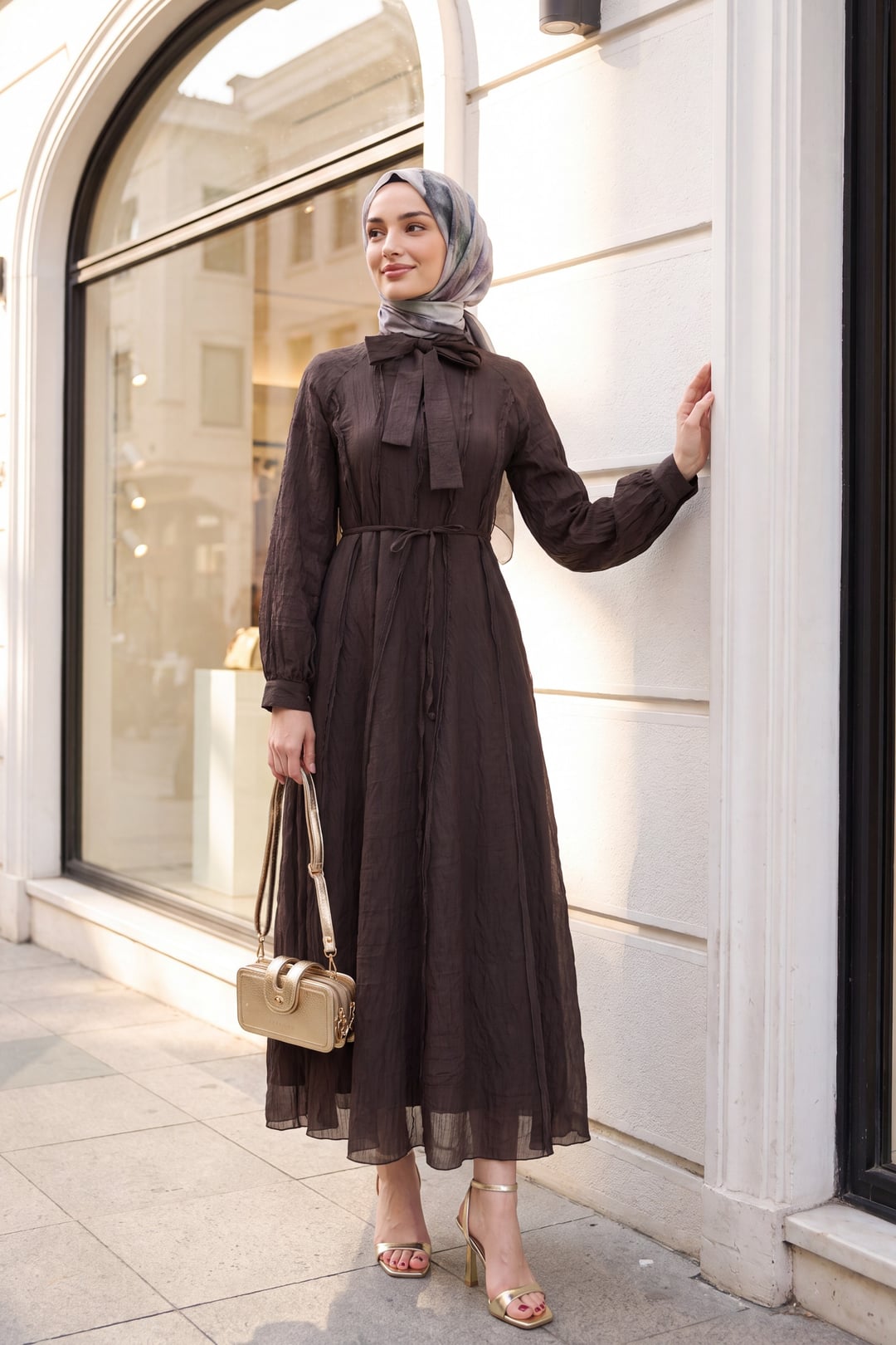 Tie Neck Belted Lined Raglan Sleeve Dress - Dark Brown - Podyumplus - by Peralane - photo 2