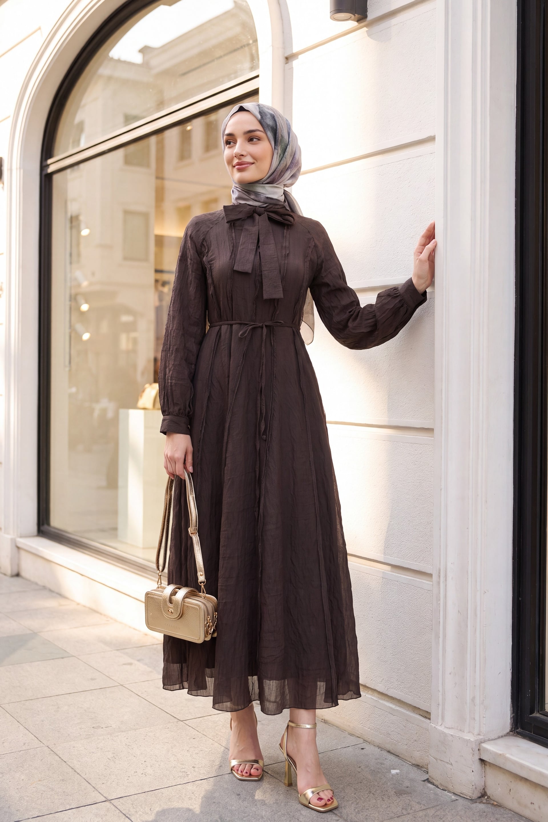 Tie Neck Belted Lined Raglan Sleeve Dress - Dark Brown - Podyumplus - by Peralane - photo 2