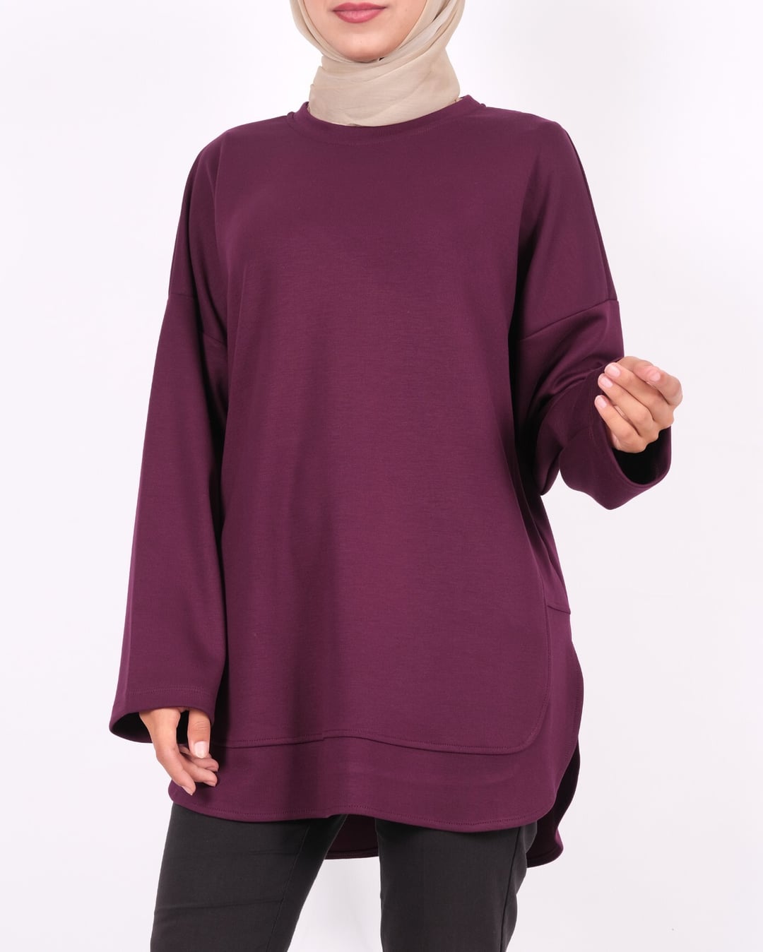 Oval Hem Slit Sweatshirt Tunic - Plum - Podyumplus - by Peralane - photo 3
