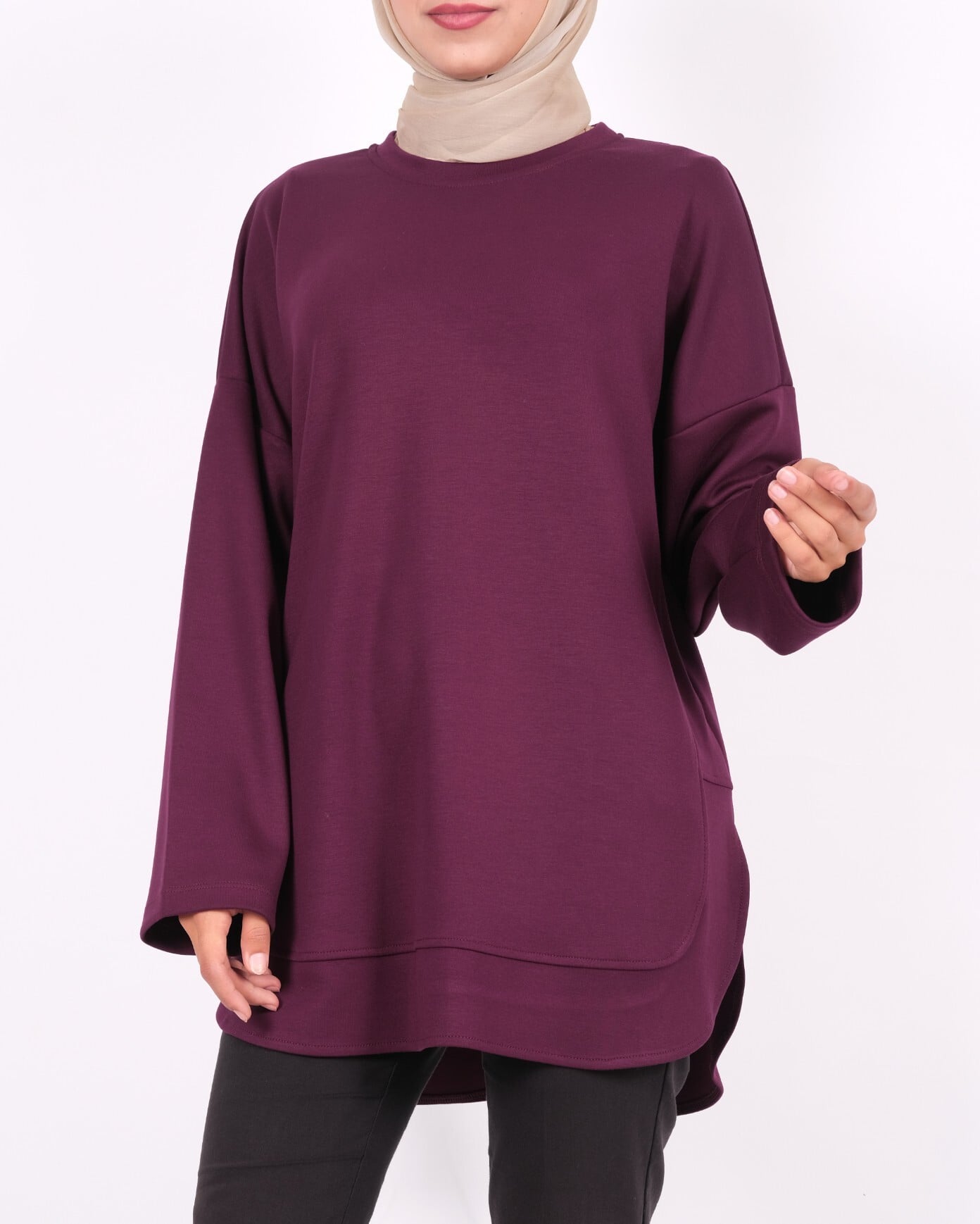 Oval Hem Slit Sweatshirt Tunic - Plum - Podyumplus - by Peralane - photo 3