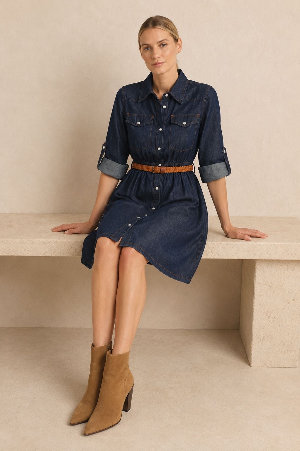 Burgu Detail Short Denim Shirt Dress with Belt - Navy - Xlove - by Peralane - photo 3