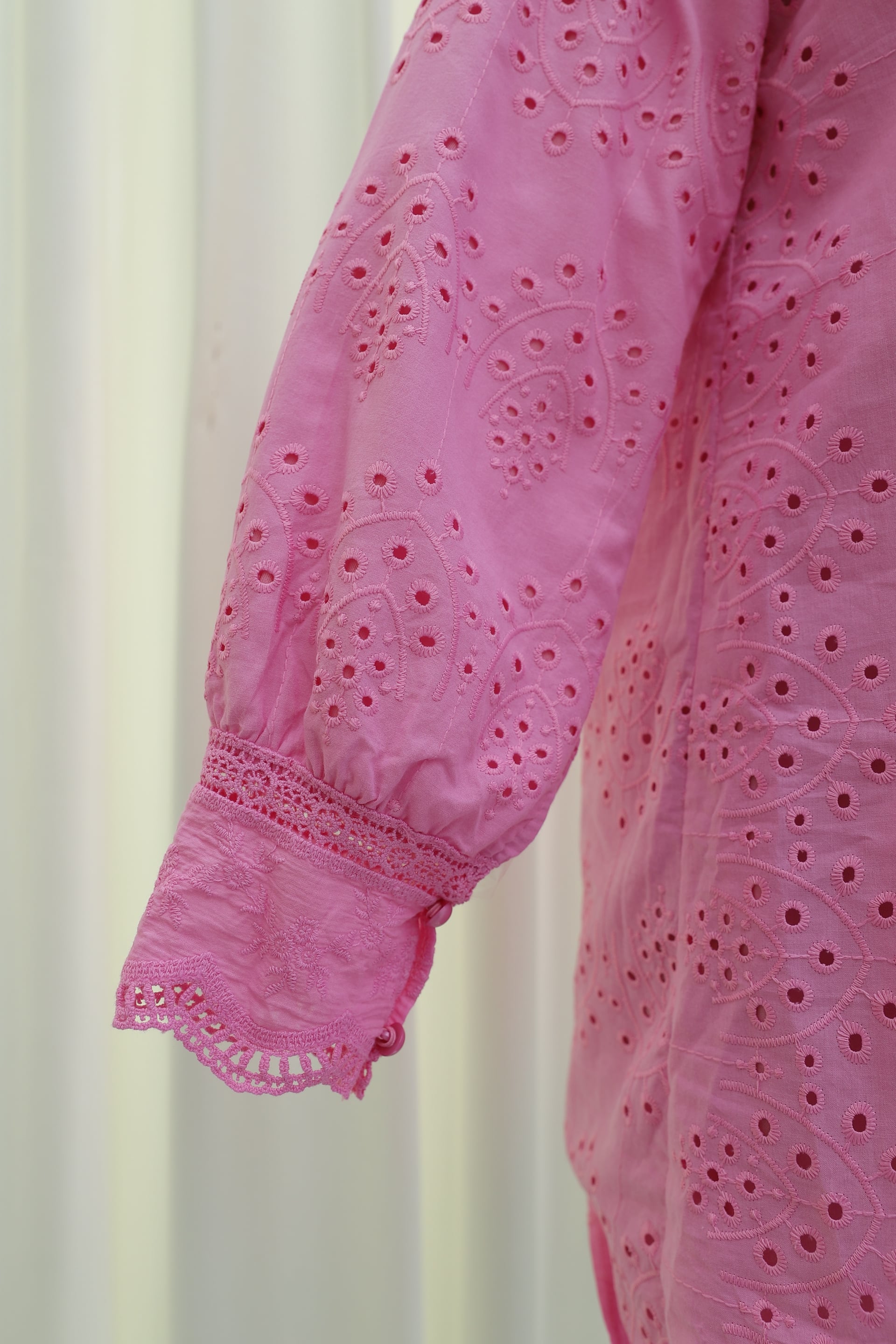 Pink Eyelet Tunic with Floral Embroidery and Band Collar - Podyumplus - by Peralane - photo 6