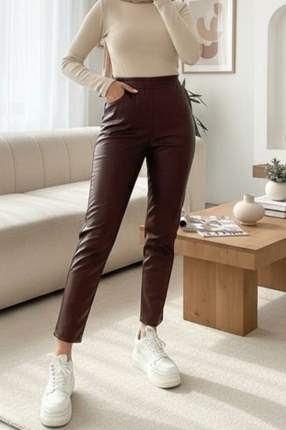 Women's Elasticated Waist Faux Leather Trousers - Brown - Podyumplus - by Peralane