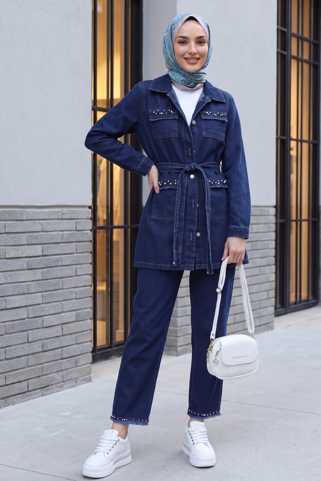 Stone Detail Denim Jacket and Trousers Co-ord Set - Navy - Podyumplus - by Peralane