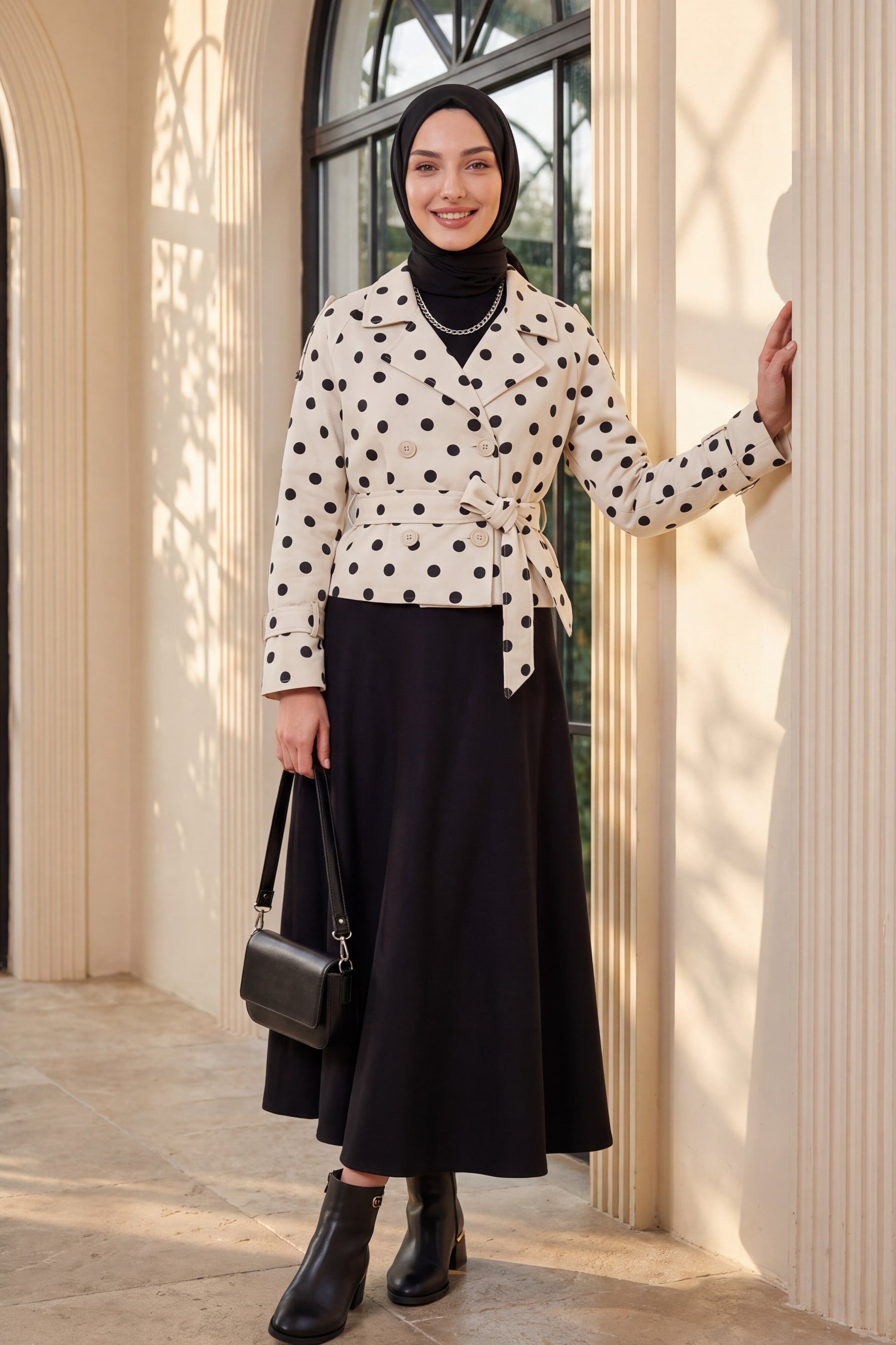 Women's Belted Short Trench Coat Cream with Polka Dot Print - Size 38 - Bigdart - by Peralane - photo 4