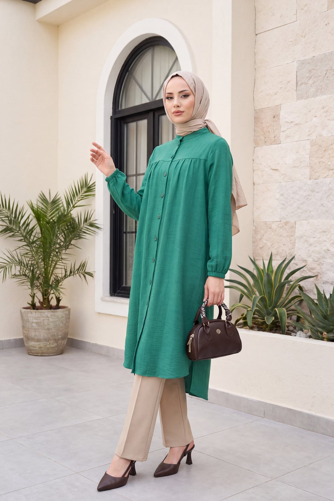 Mandarin Collar Button-Front Tunic in Forest Green - Podyumplus - by Peralane
