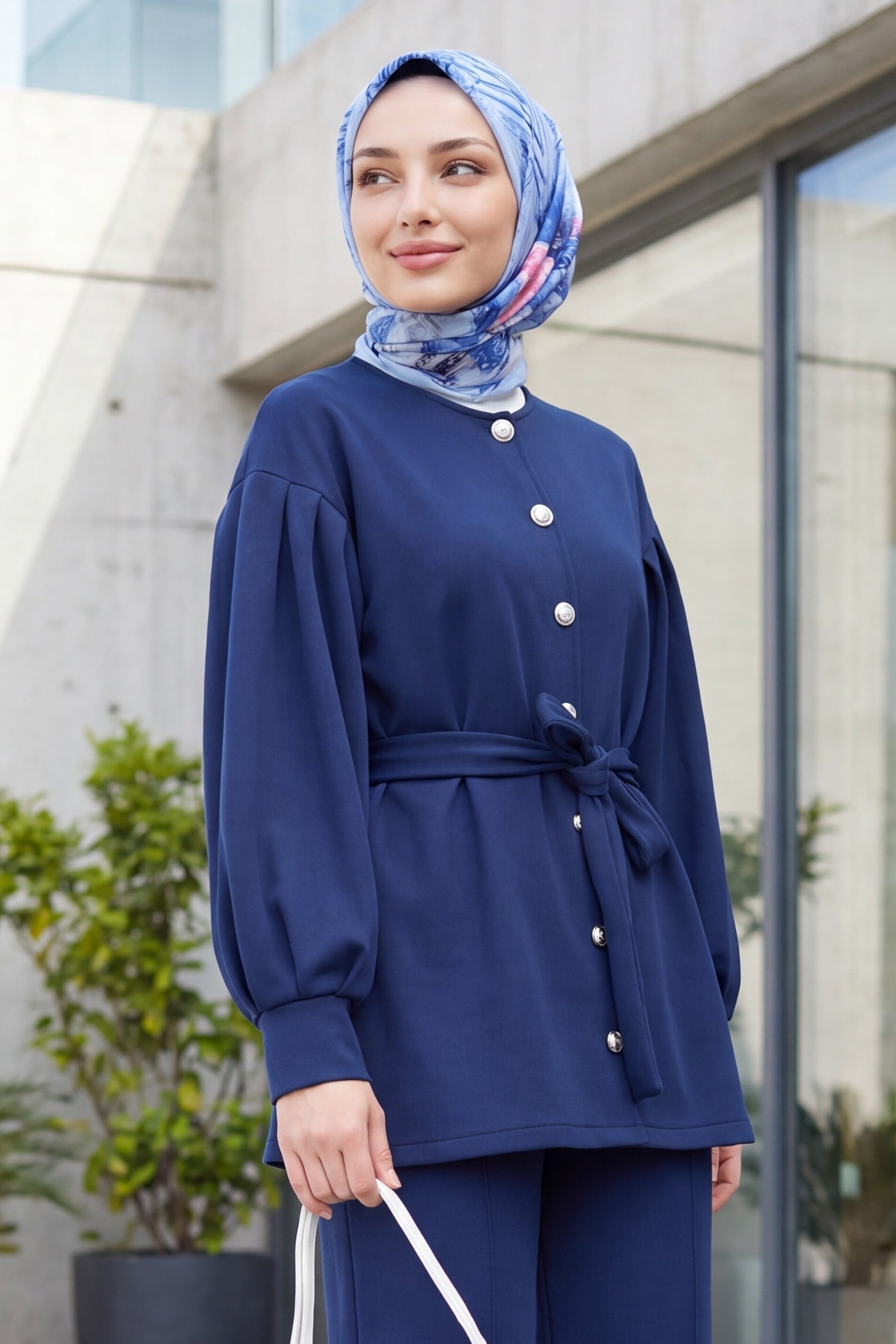 Navy Blue Belted Button-Front Scuba Trousers Set - Podyumplus - by Peralane - photo 4