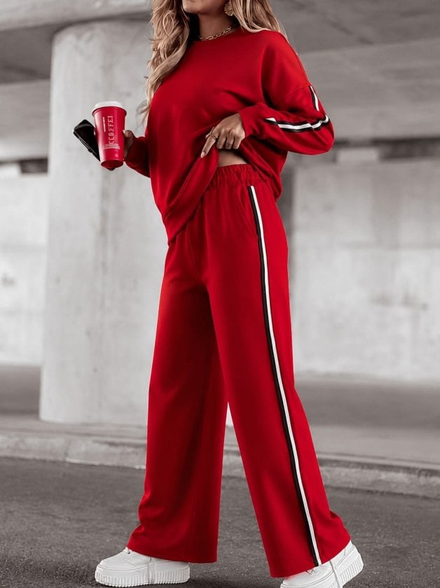 Women's Long Sleeve Crew Neck Striped Detail Viscose Two-Thread Blouse and Trousers Two-Piece Set - Janes - by Peralane