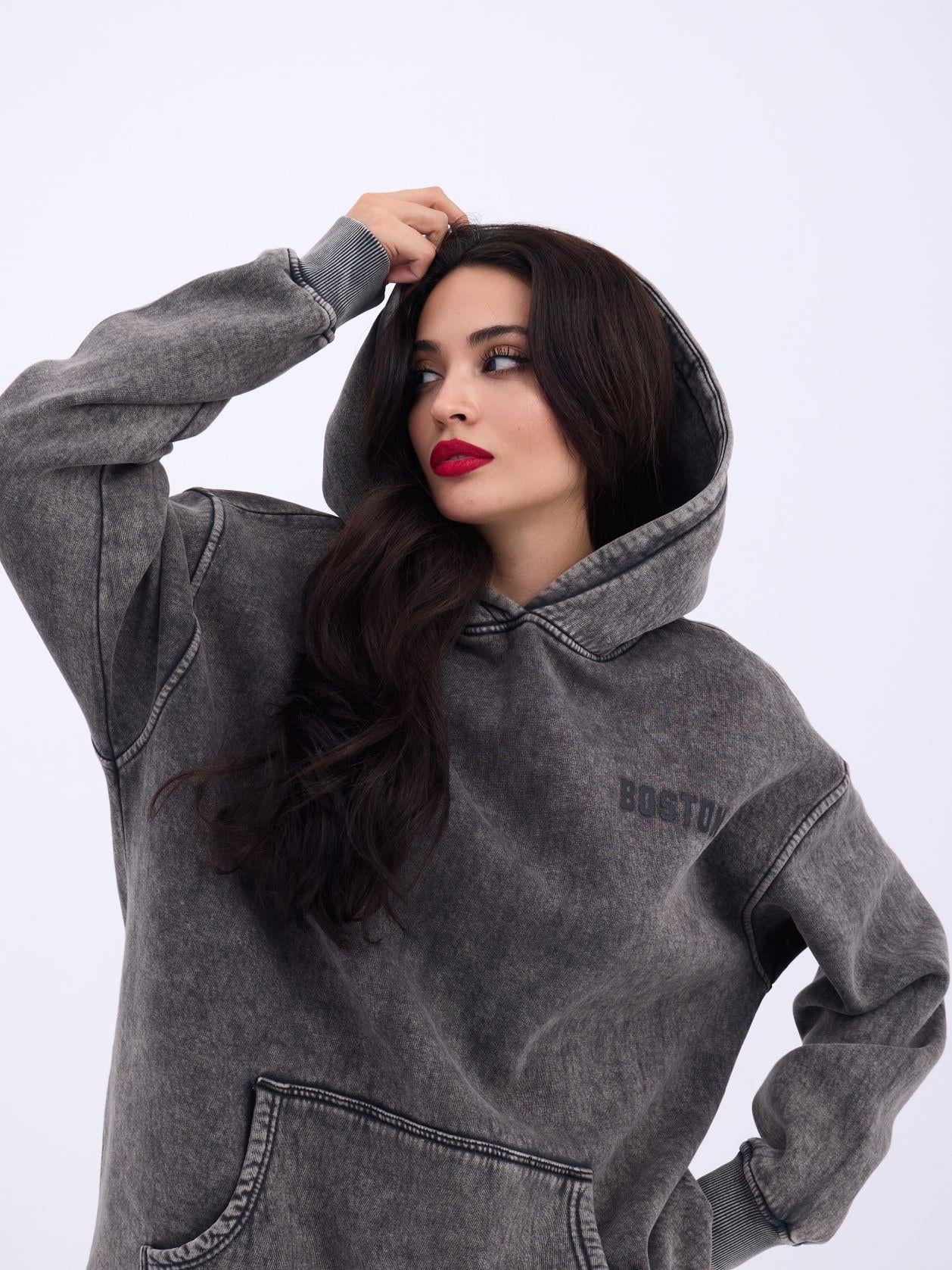 Grey Acid-Wash Hoodie with Pouch Pocket for Women - Fame - by Peralane - photo 3