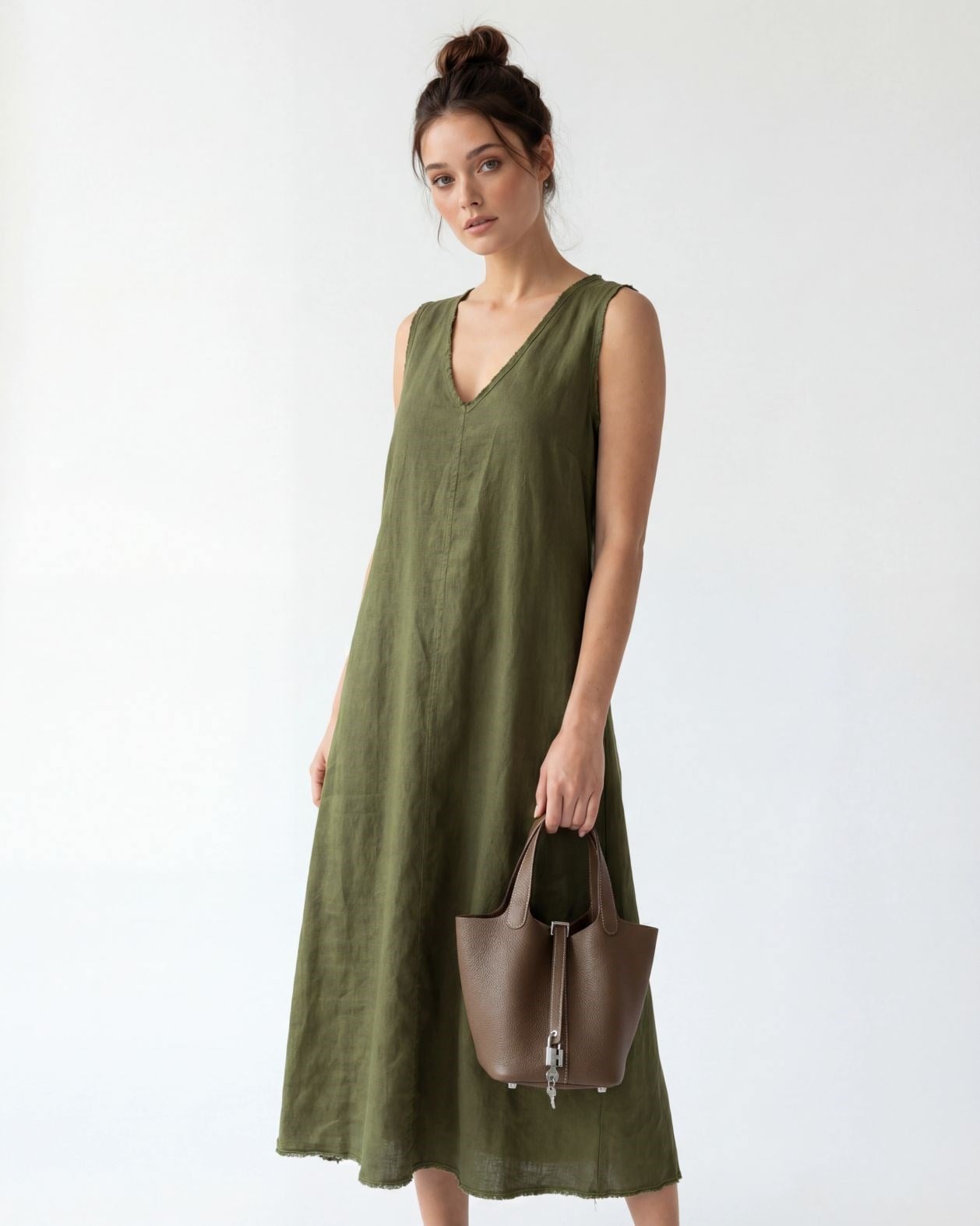 Women's Olive Green Linen Maxi Dress with V-Neckline - Fame - by Peralane - photo 2