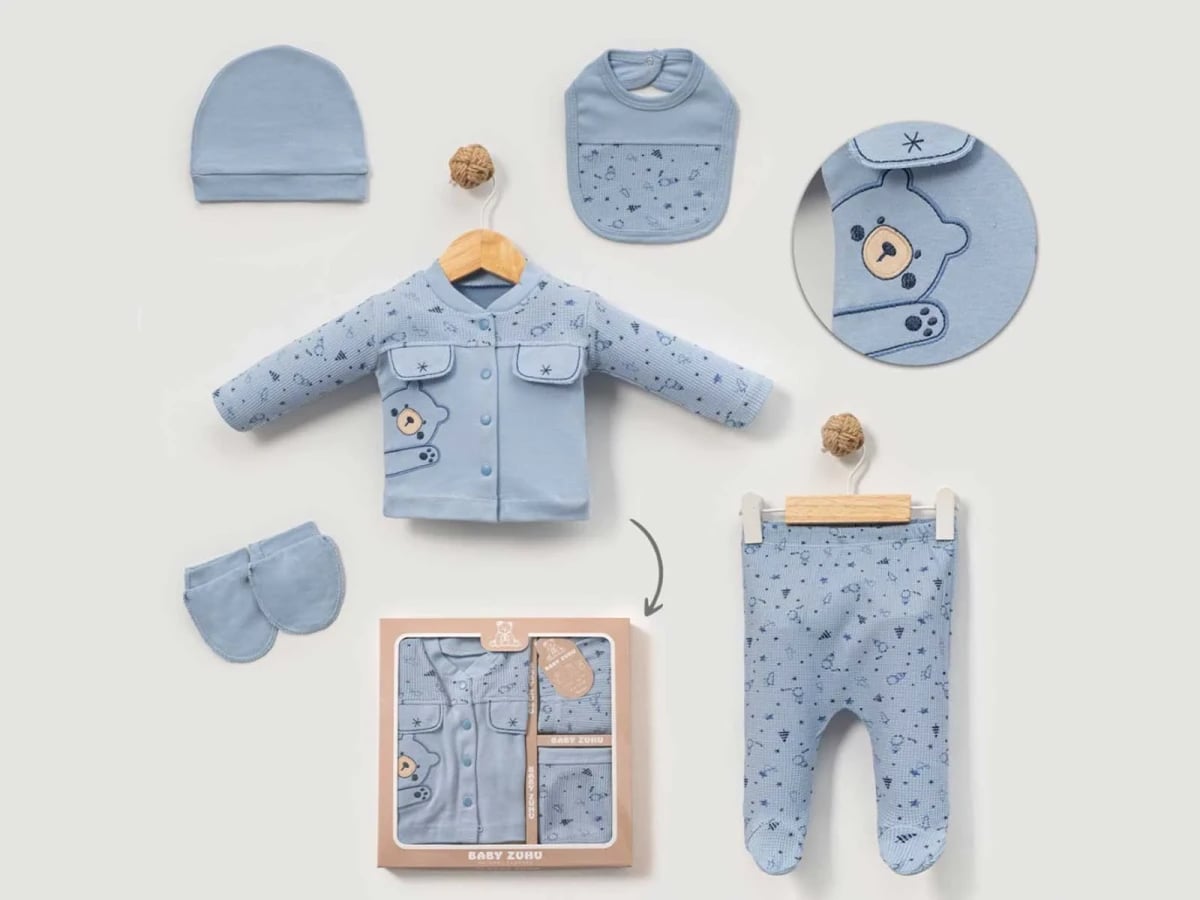 Bear Print Newborn Boys' 5-Piece Set - Light Blue - Baby Zuhu - by Peralane