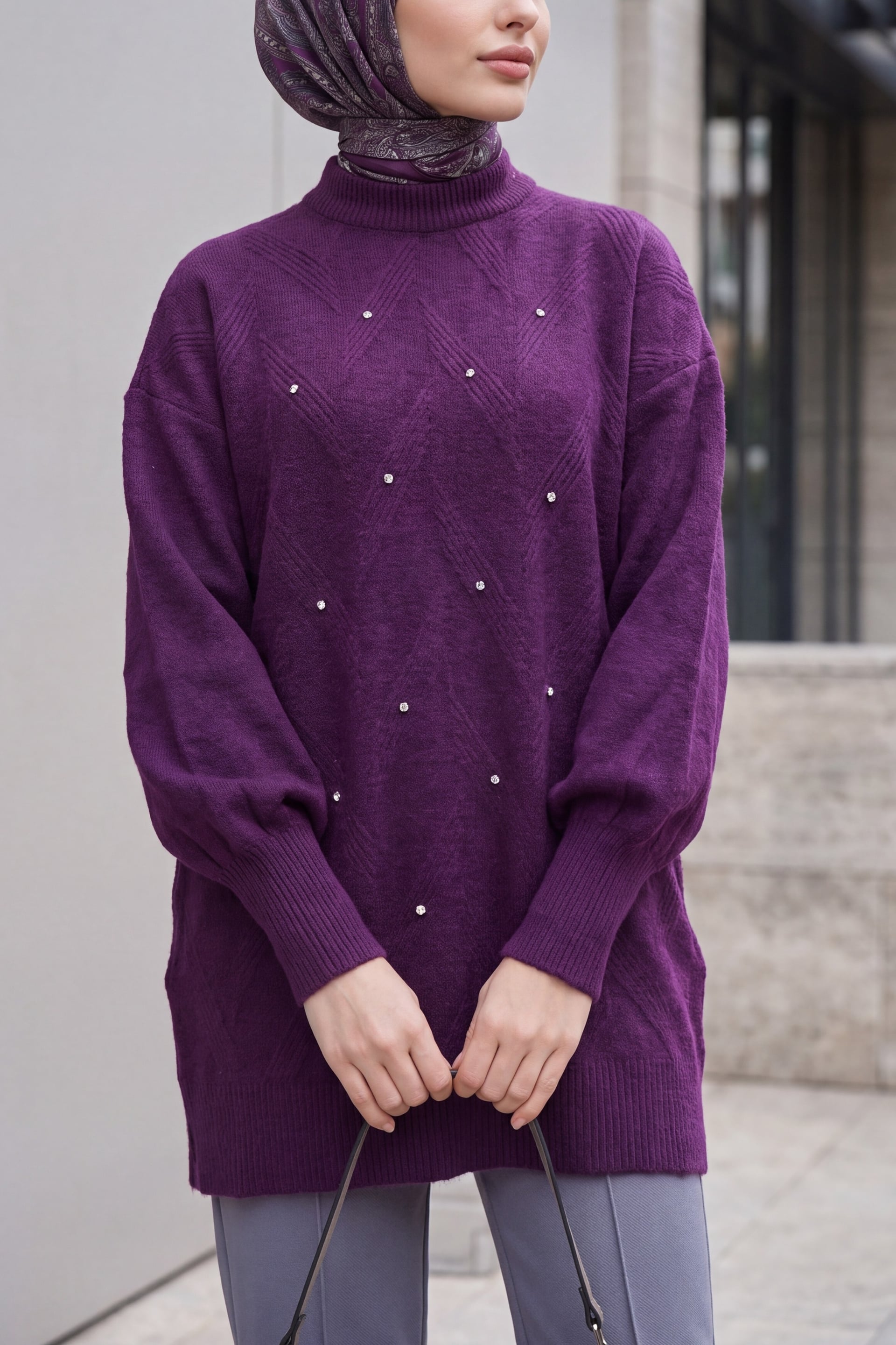 Crew Neck Embellished Balloon Sleeve Relaxed Fit Knit Tunic - Purple - Podyumplus - by Peralane