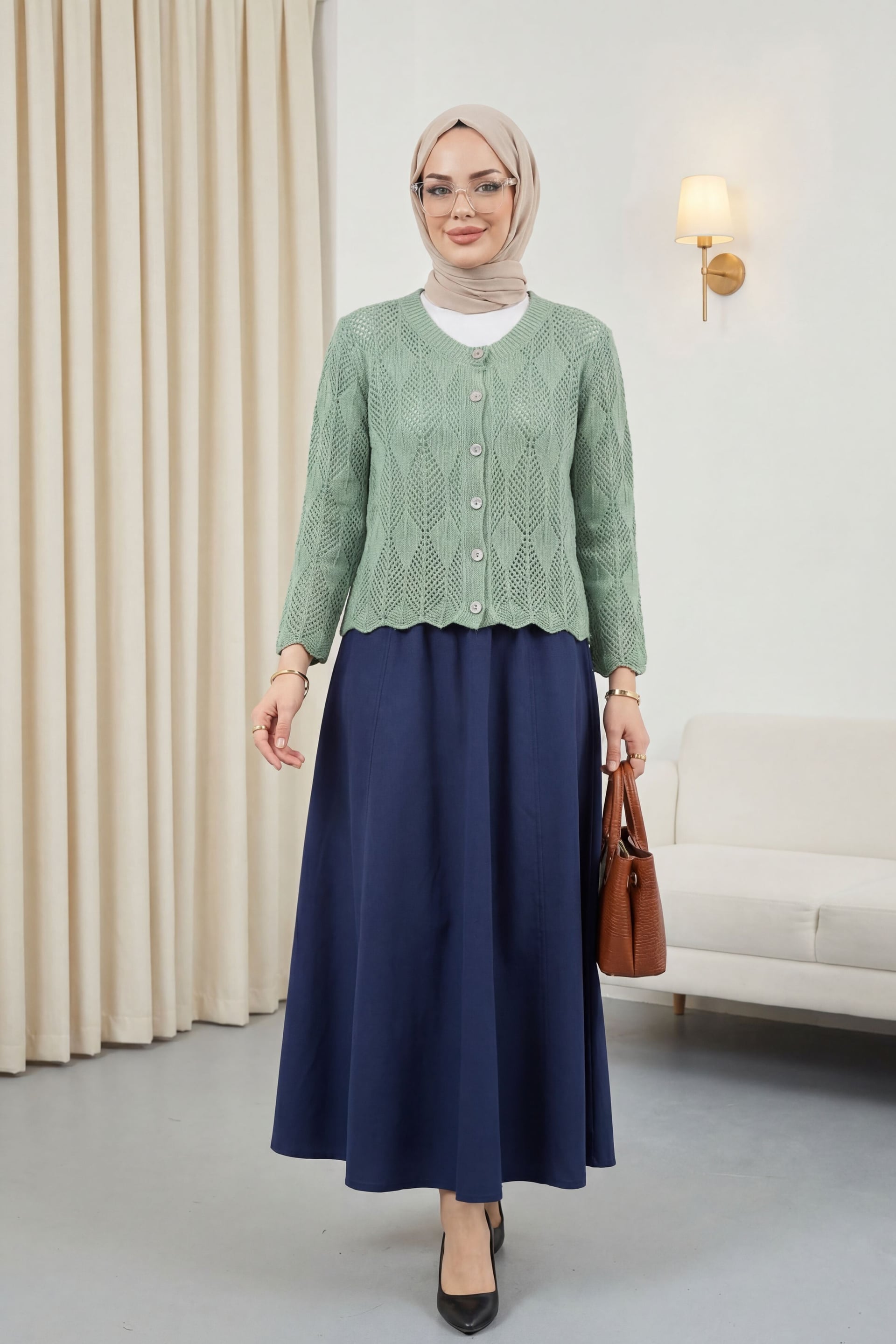 Leaf Pattern Openwork Knit Cardigan - Mint - Podyumplus - by Peralane - photo 3