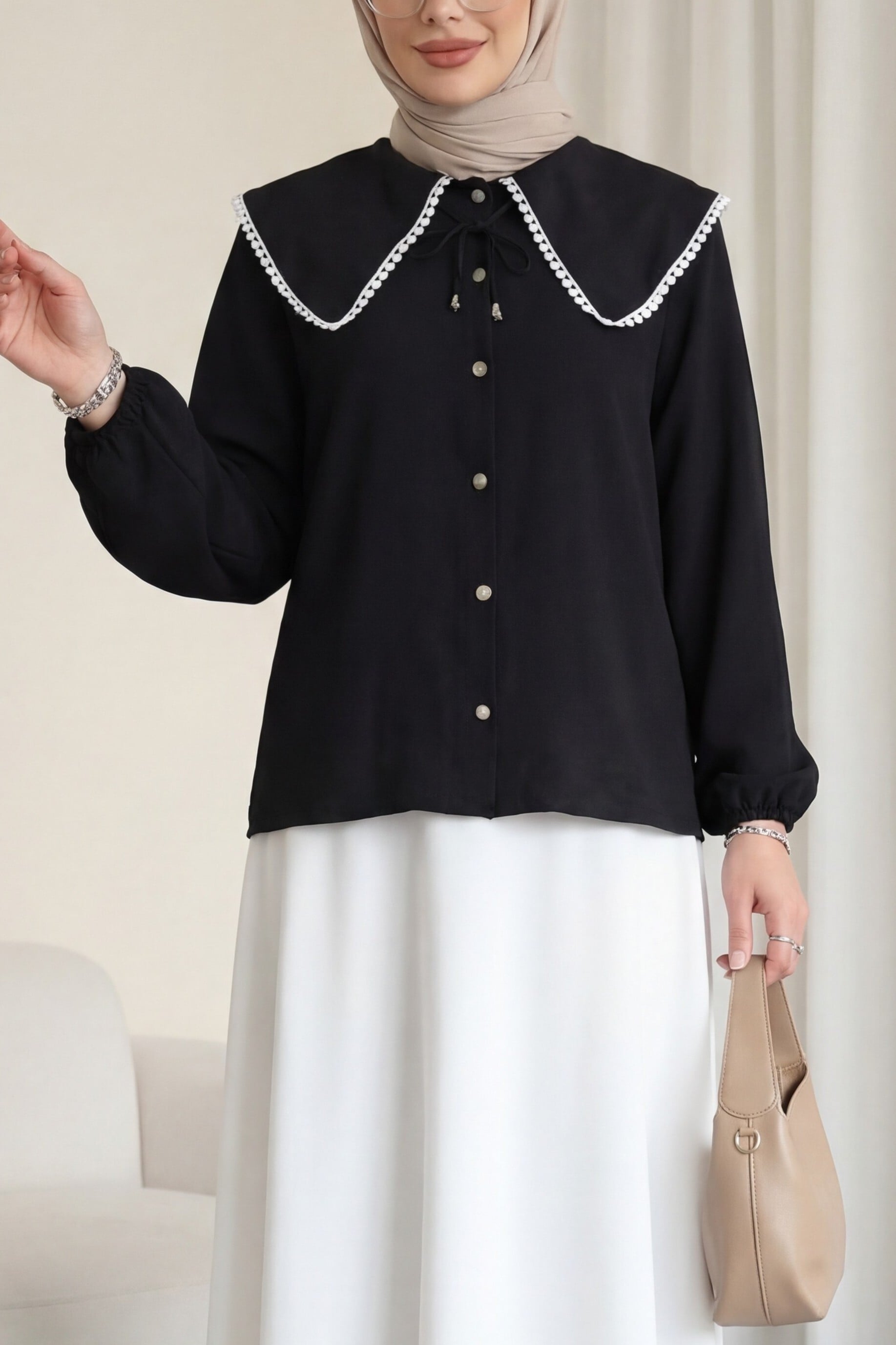 Peter Pan Collar Lace Long Sleeve Blouse - Black - Podyumplus - by Peralane - photo 4